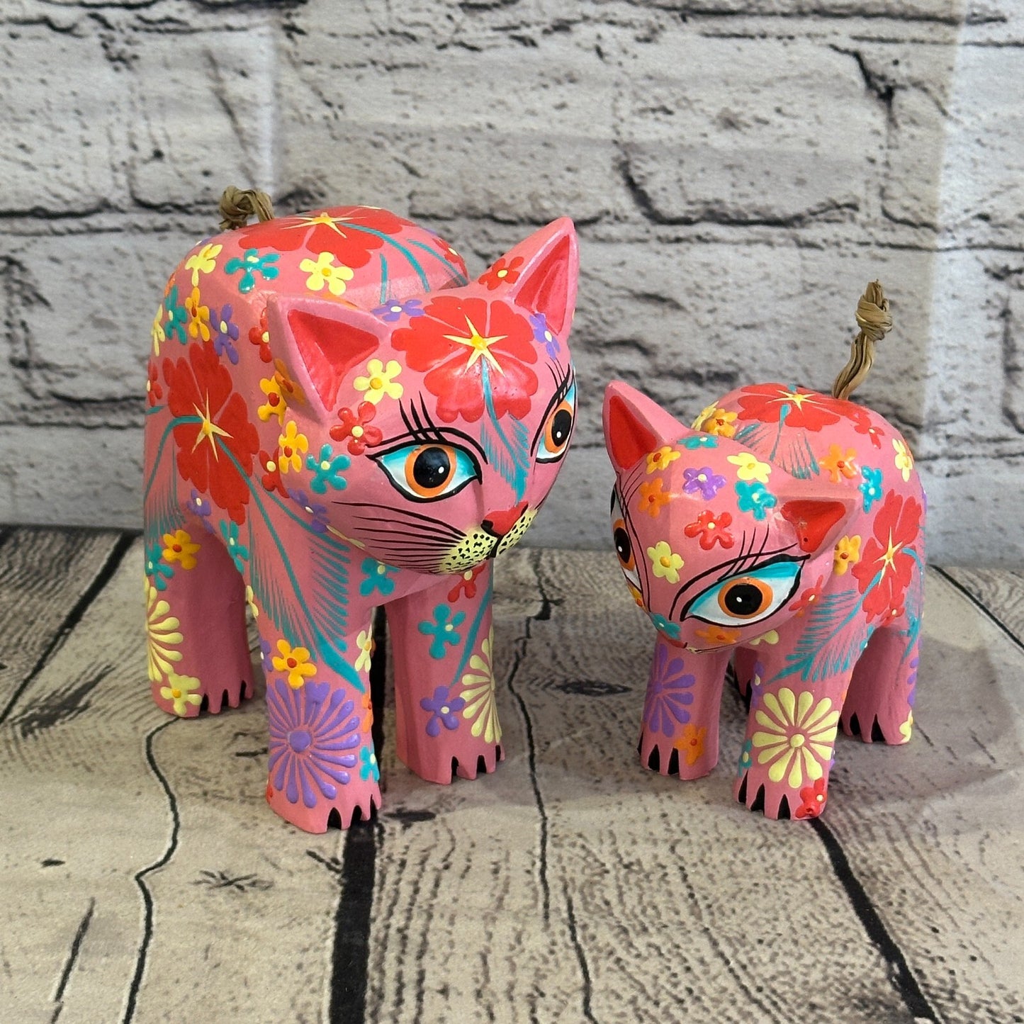 Pink Small Wooden Cat With Flower Pattern 10cm x 8cm Handmade and Fairtrade