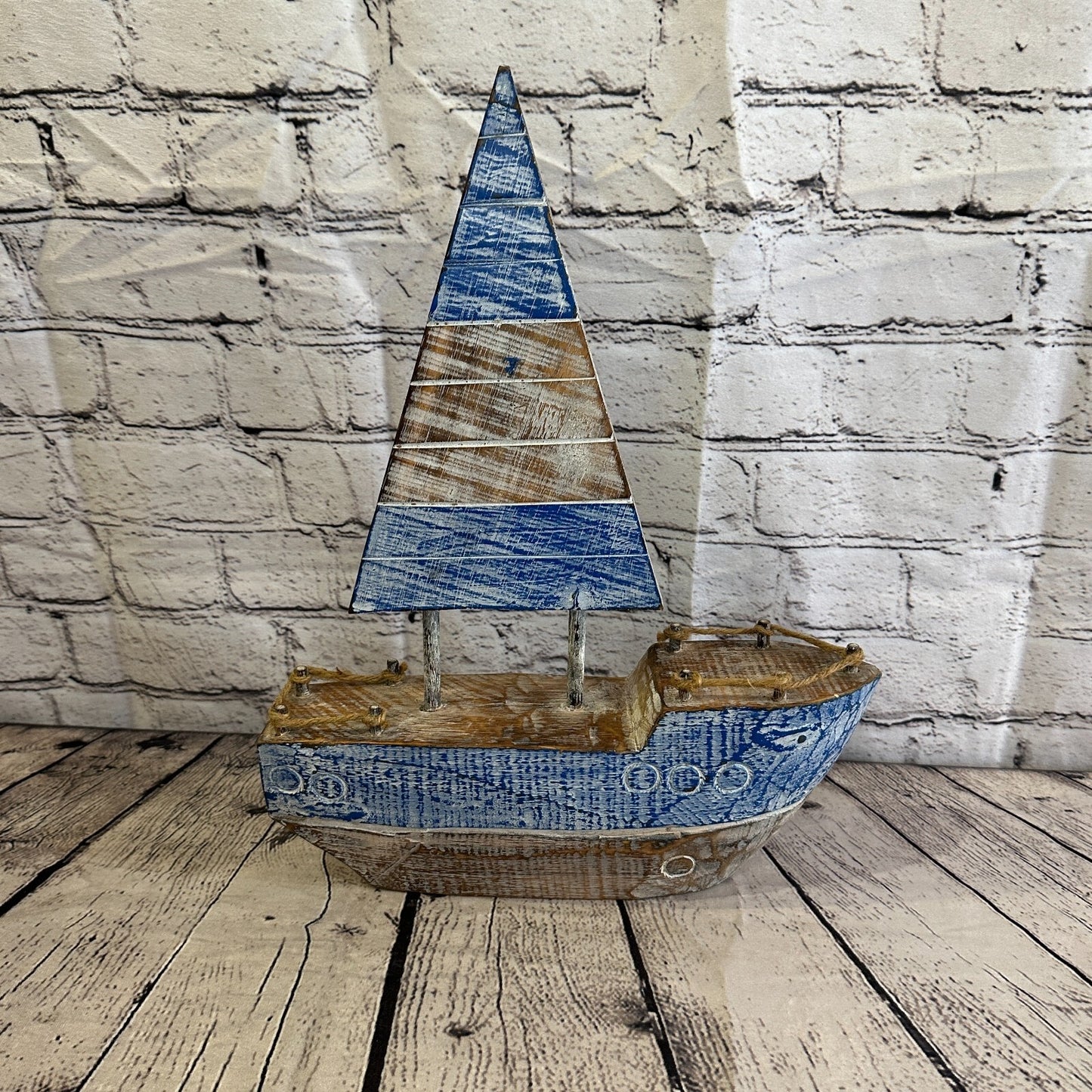 40cm Rustic Wooden Brown & Blue Sailing Boat Nautical Ornament Sculpture Decor