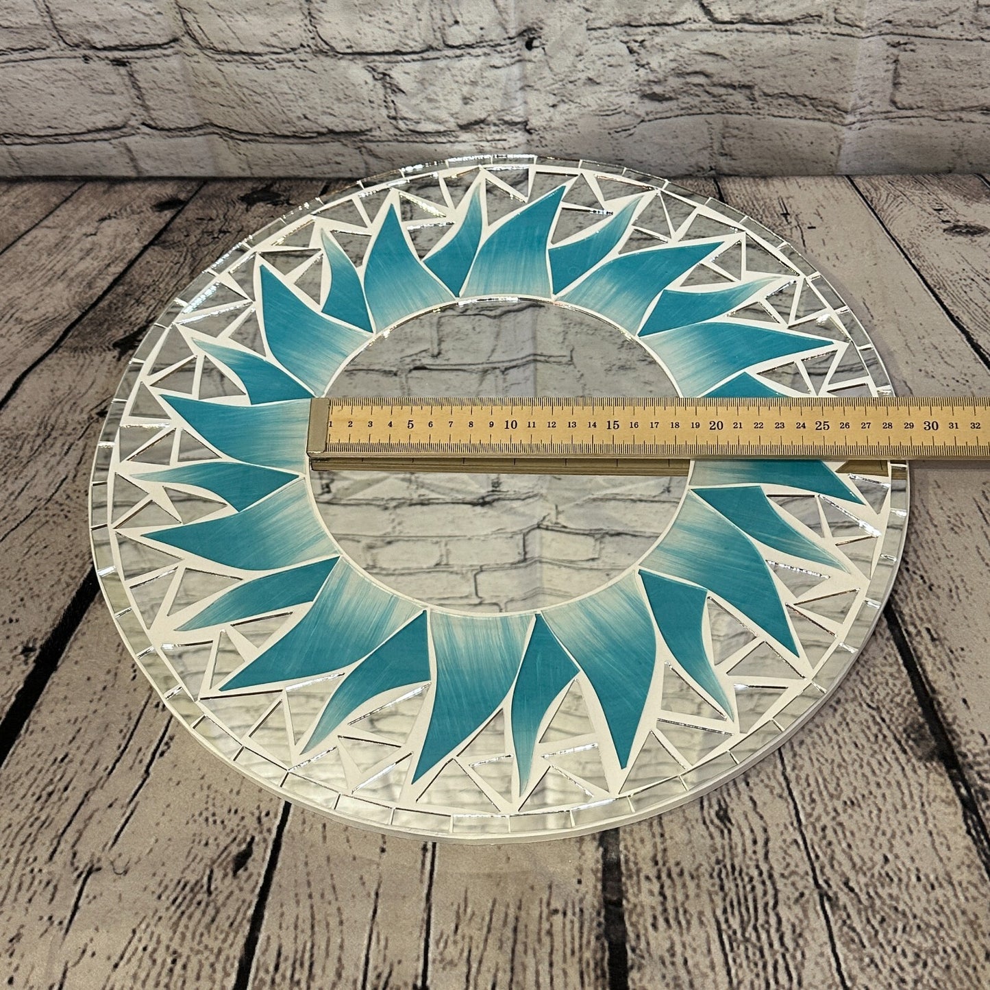 Turquoise Blue Flame Sun Mosaic Tile Wall Mirror 40cm x 40cm 16 Inches Handmade