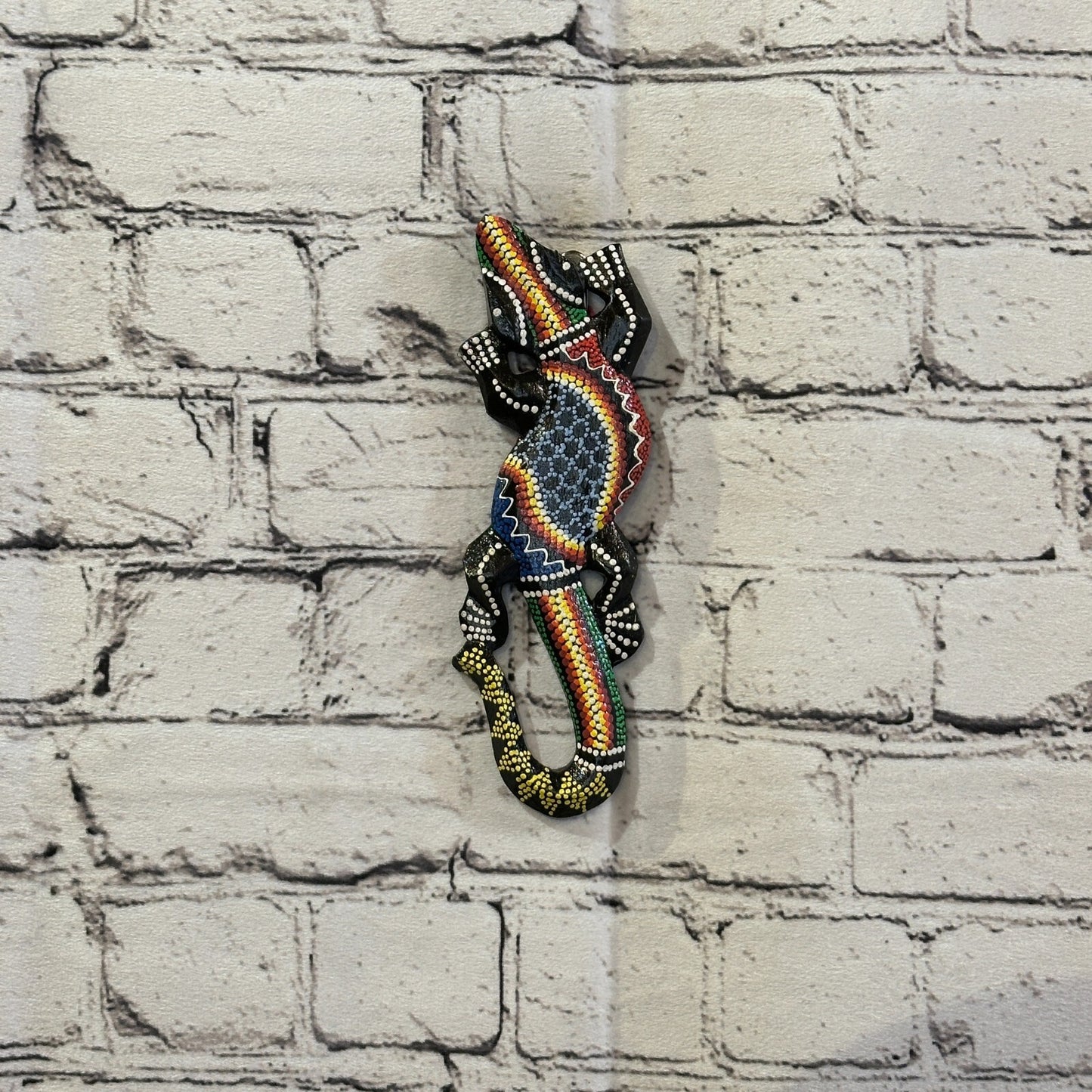 20cm Gecko Carved Wooden Dot Painted Ethnic Tribal Tiki Wall Handmade No 1