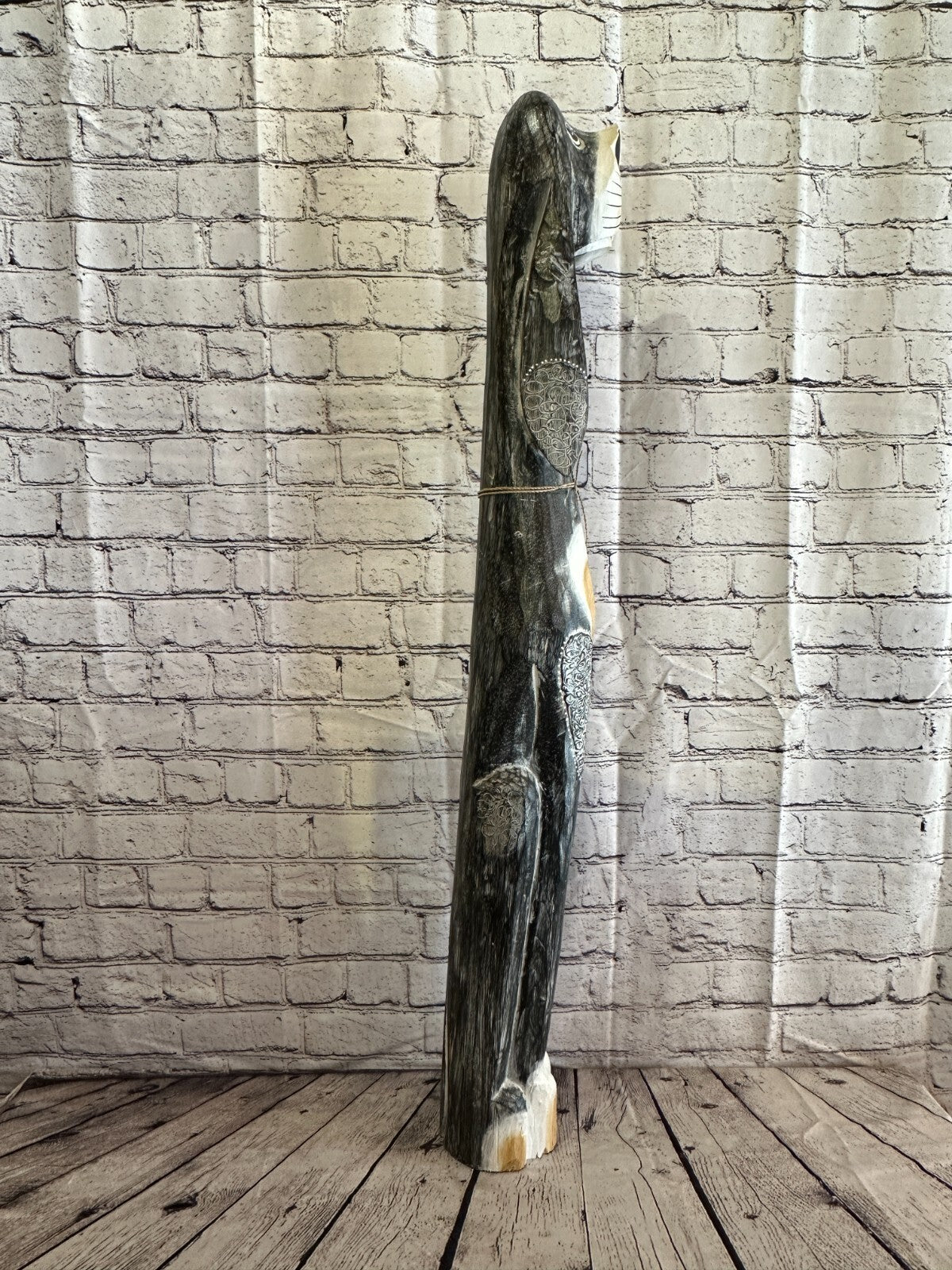 100cm Grey Flower Wooden Shabby Dog Statue Ornament Fair Trade Handcarved