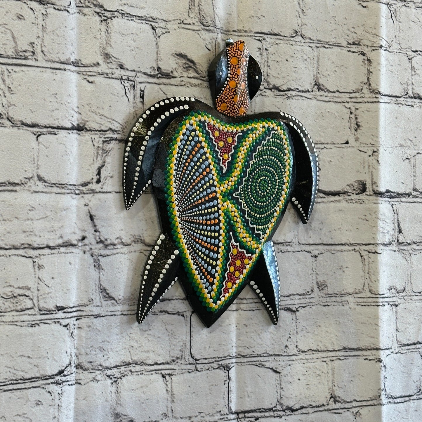 30cm Turtle Carved Wooden Dot Painted Ethnic Tribal Tiki Wall Art Handmade No 4