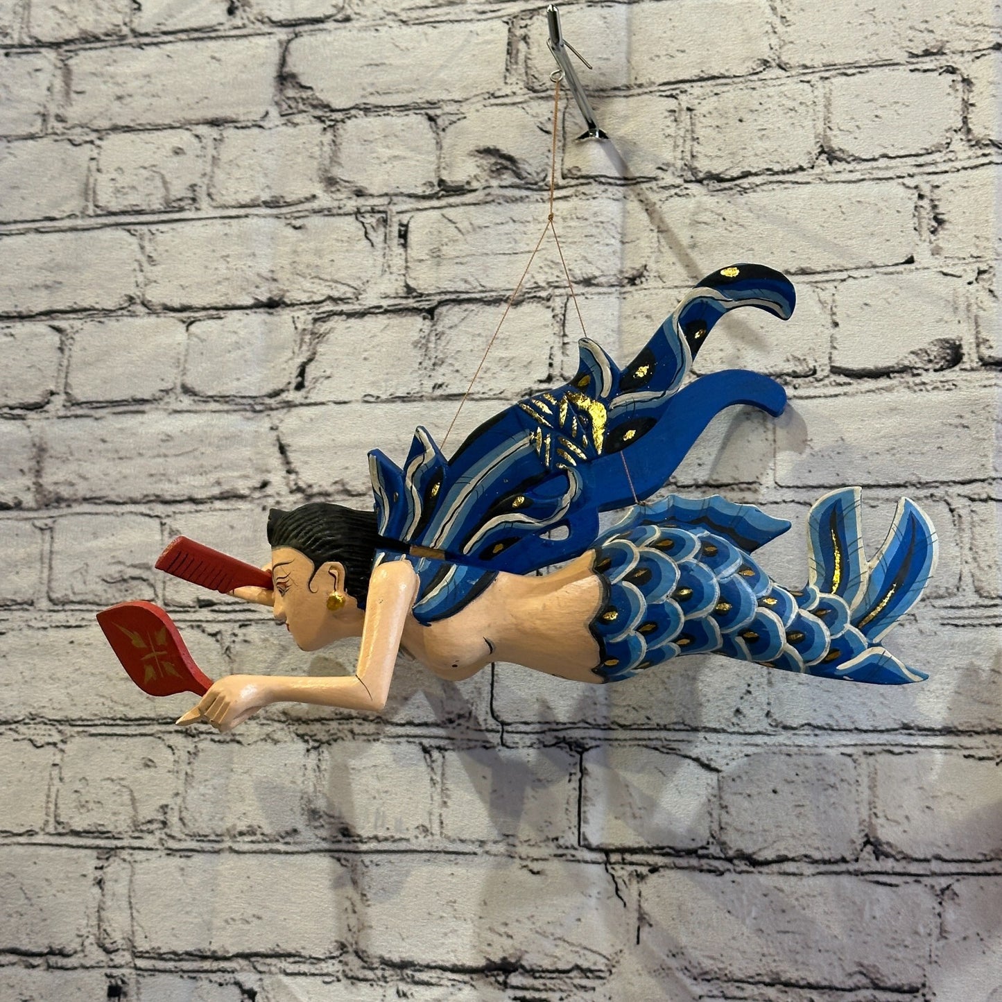 Blue Shiva Goddess Folk Art Wood Flying Winged Mobile Spirit Chaser Guardian