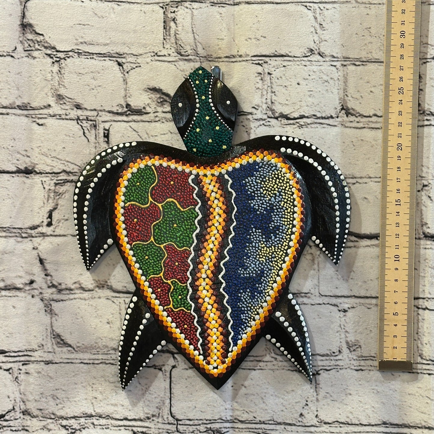 30cm Turtle Carved Wooden Dot Painted Ethnic Tribal Tiki Wall Art Handmade No 3