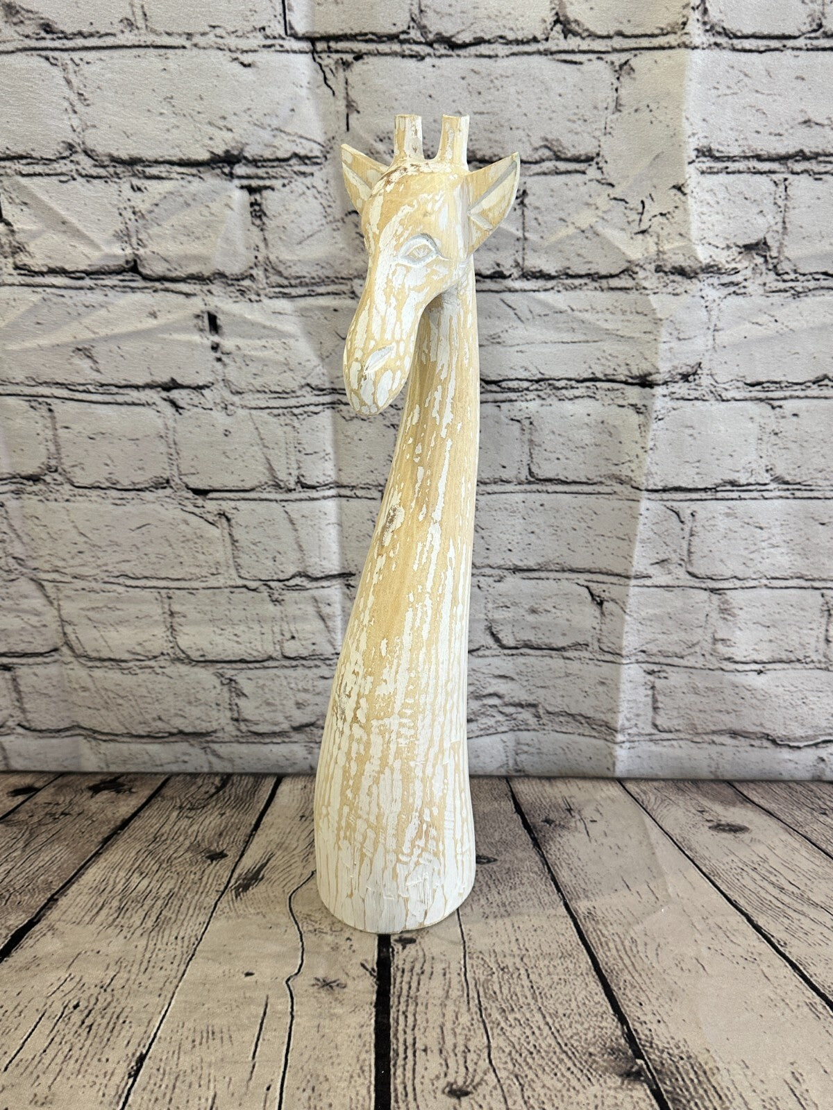 White Wooden Giraffe Head With Shabby Pattern 40cm x 10cm Handmade and Fairtrade