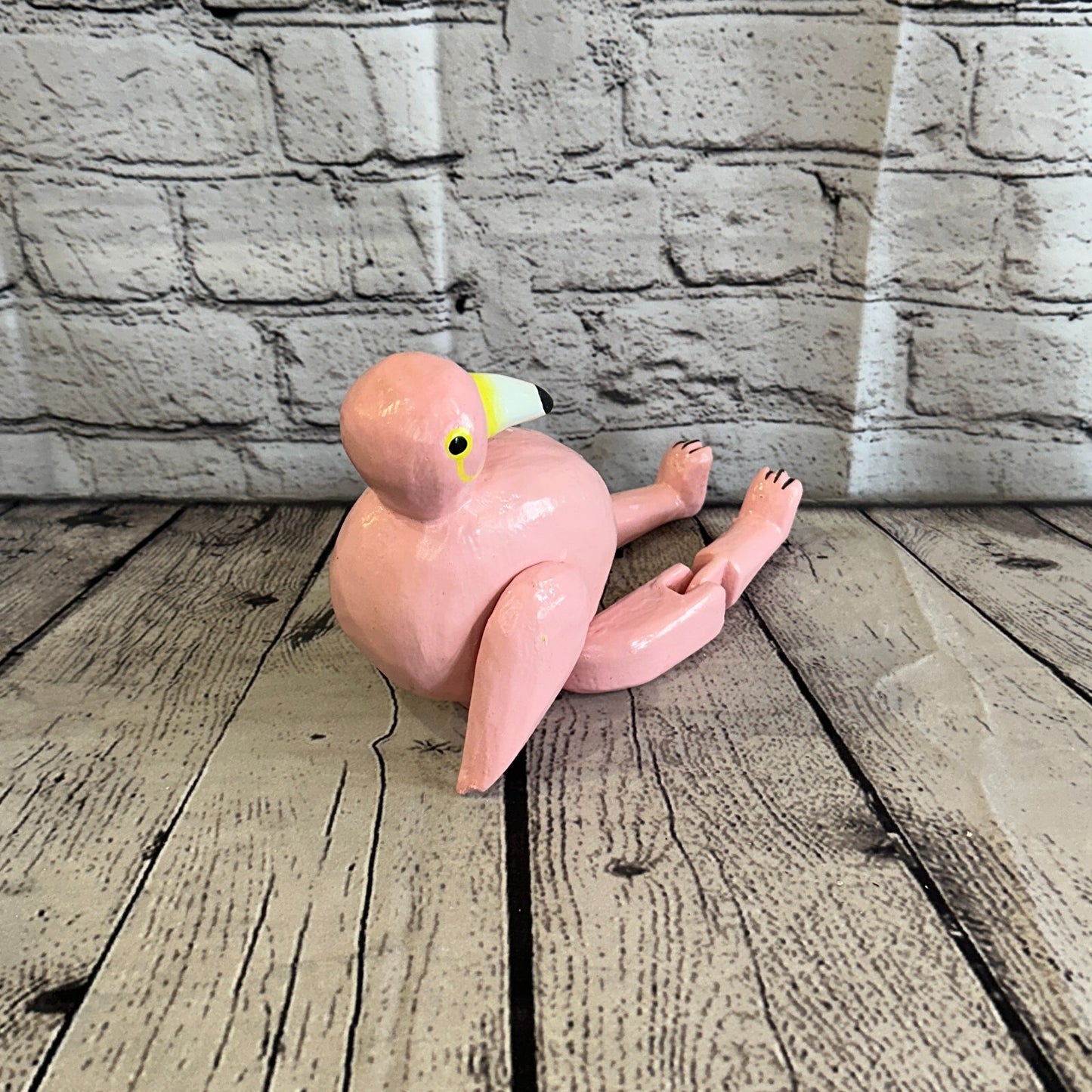 20cm Pink Flamingo Sitting Animal, Wooden Shelf Ornament Handmade & Fairtrade