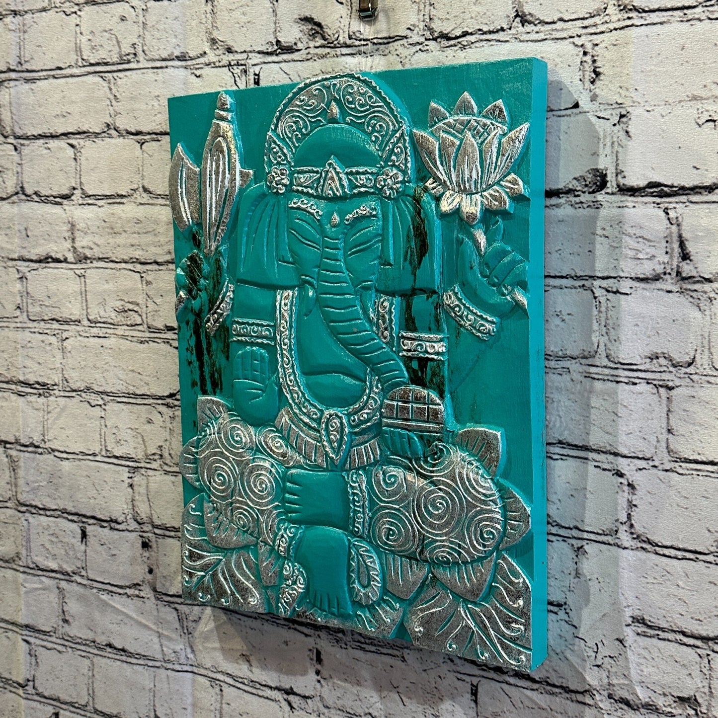 Wooden Wood Panel 40cm Brown Teal Ganesh Lotus Wall Art Plaque Handcarved