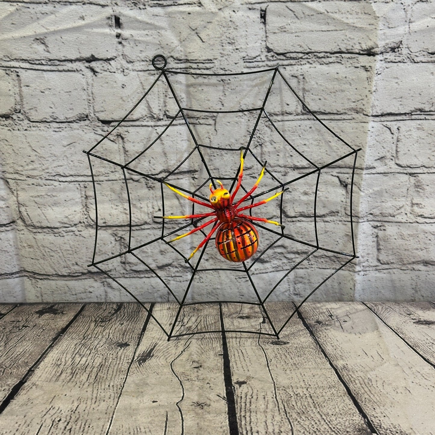 30cm x 30cm Orange Spider On Web Bug Metal Tin Wall Hanging Ornament Statue