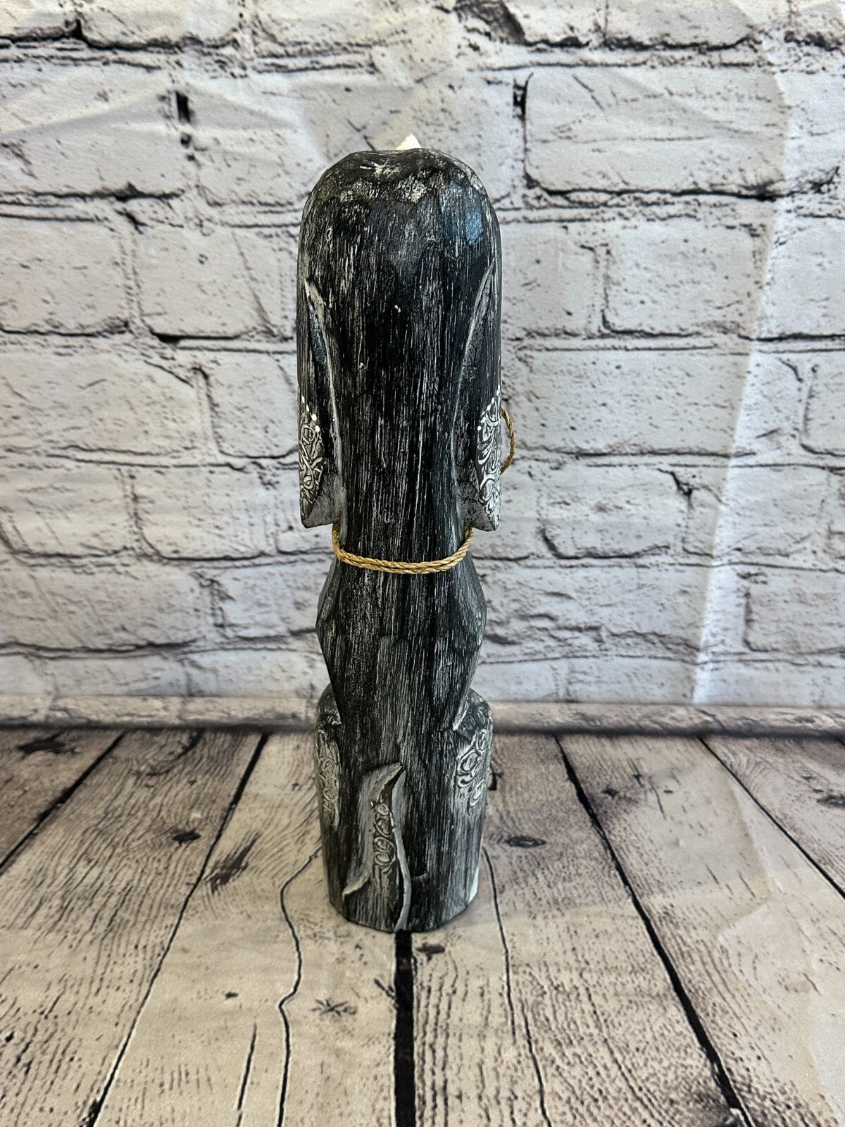 30cm Grey Flower Wooden Shabby Dog Statue Ornament Fair Trade Handcarved