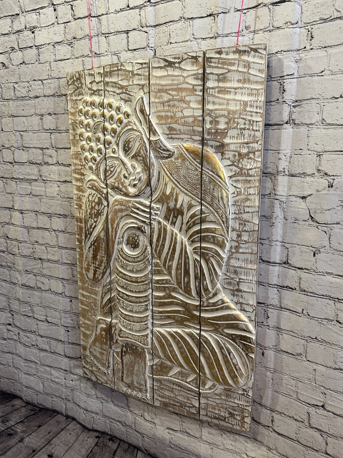 100cm x 60cm Buddha Brown Gold Wooden Wood Panel Wall Art Plaque Handcarved