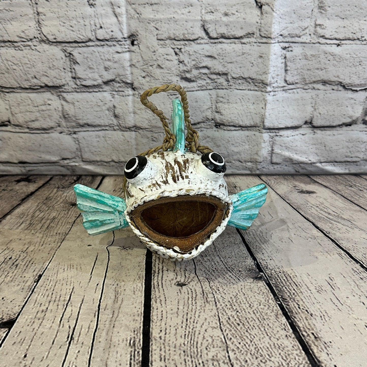 Green White Folk Art Hand Painted Shark Fish Coconut Shell Ornaments Hanging