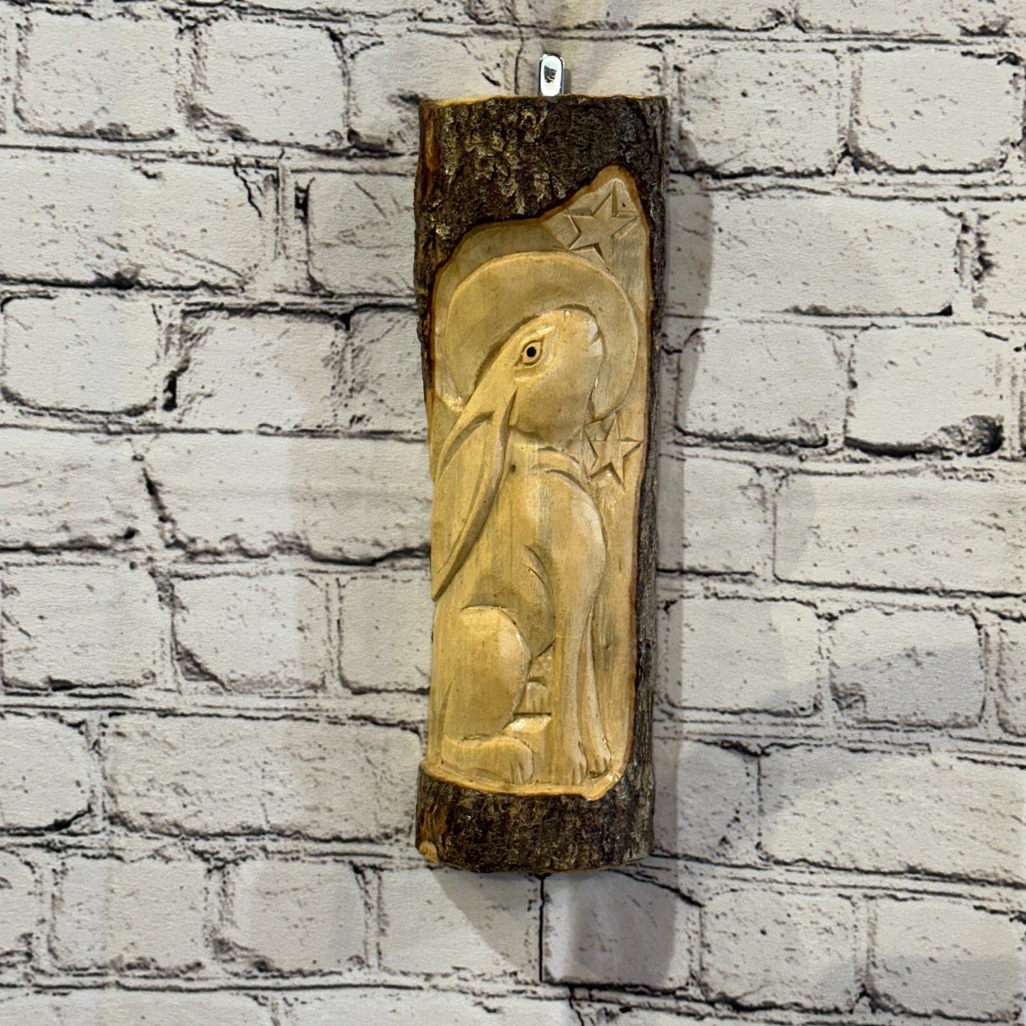 Hare With Moon Of The Woods 30cm Hand Carved Wizard Tree Trunk Wood Fairtrade
