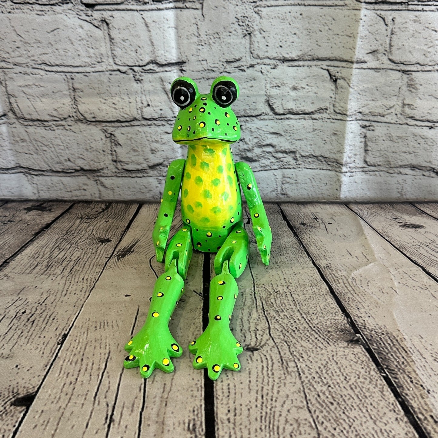 20cm Green Frog Sitting Animal, Wooden Shelf Ornament Handmade & Fairtrade
