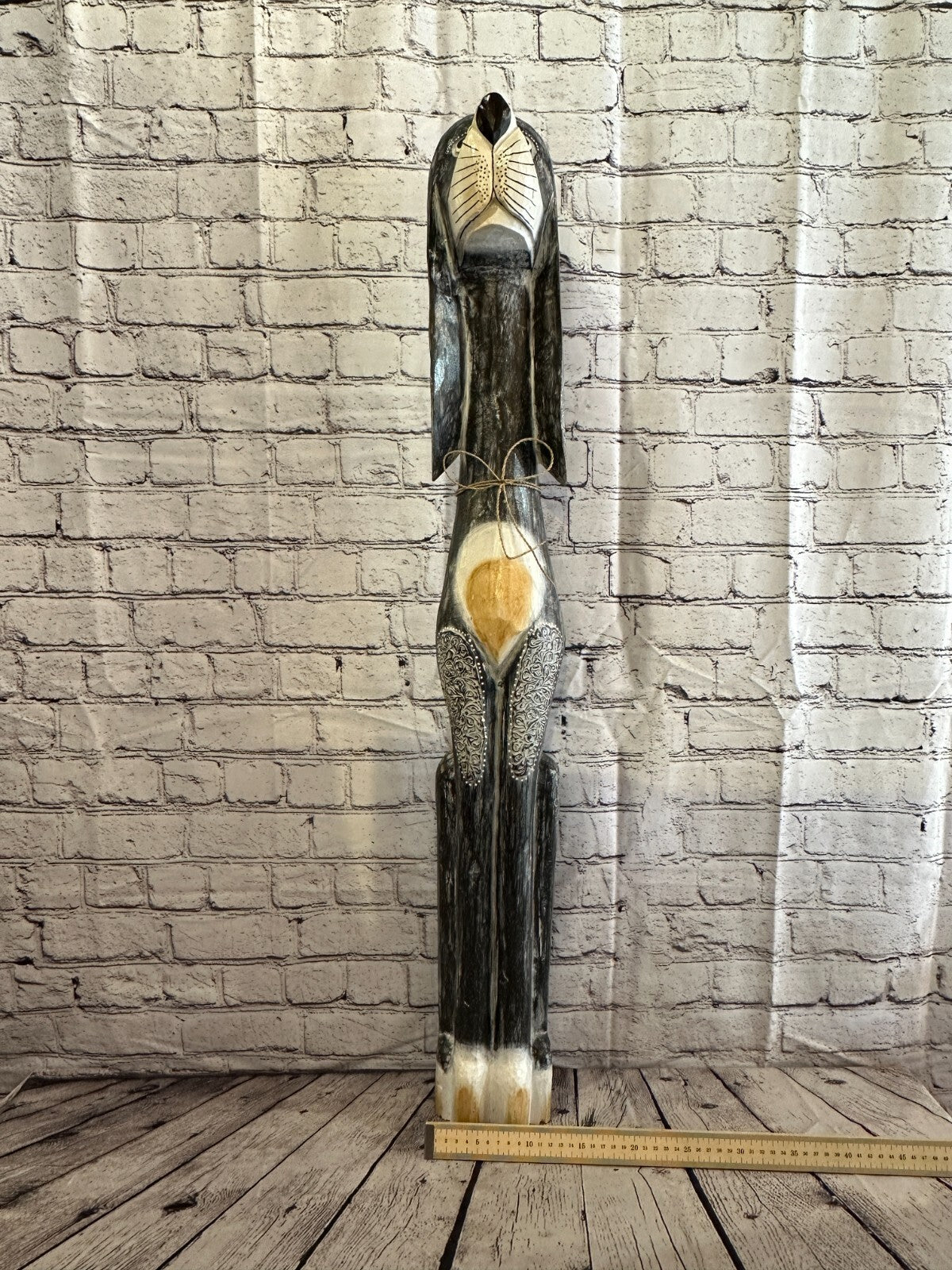 100cm Grey Flower Wooden Shabby Dog Statue Ornament Fair Trade Handcarved