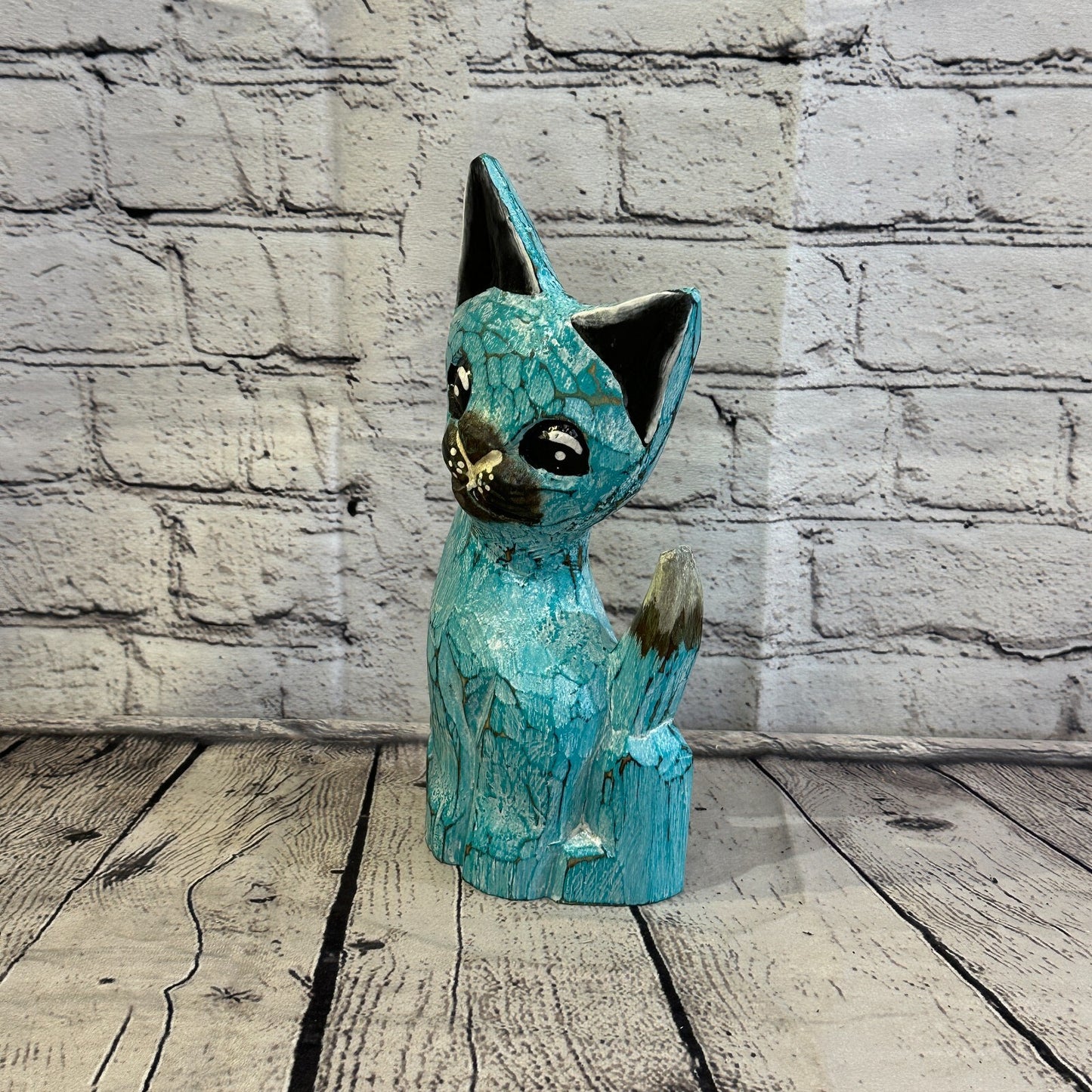 25cm x 10cm Green Flower Wooden Shabby Cat Statue Ornament Fair Trade Handcarved