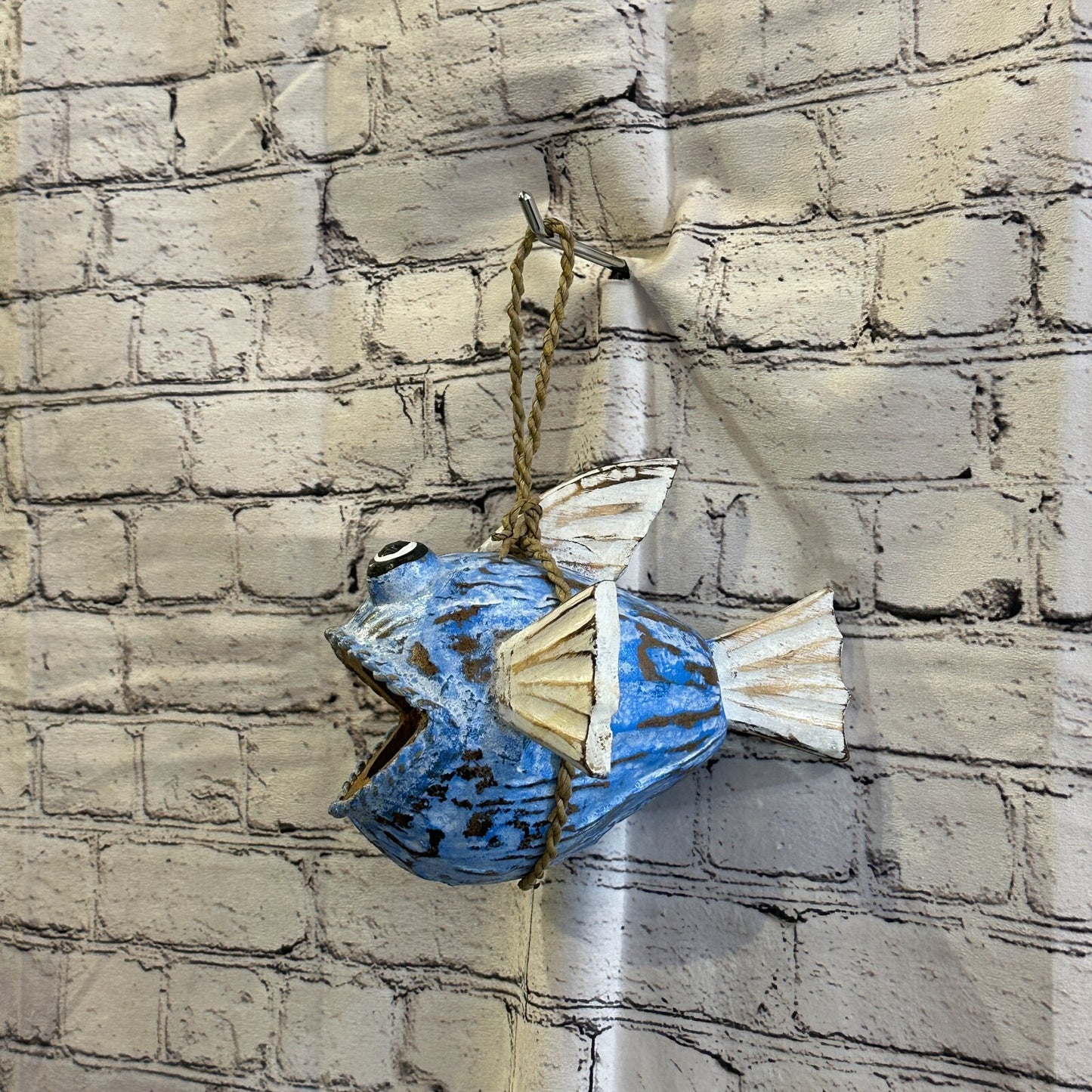 White Blue Folk Art Hand Painted Shark Fish Coconut Shell Ornaments Hanging