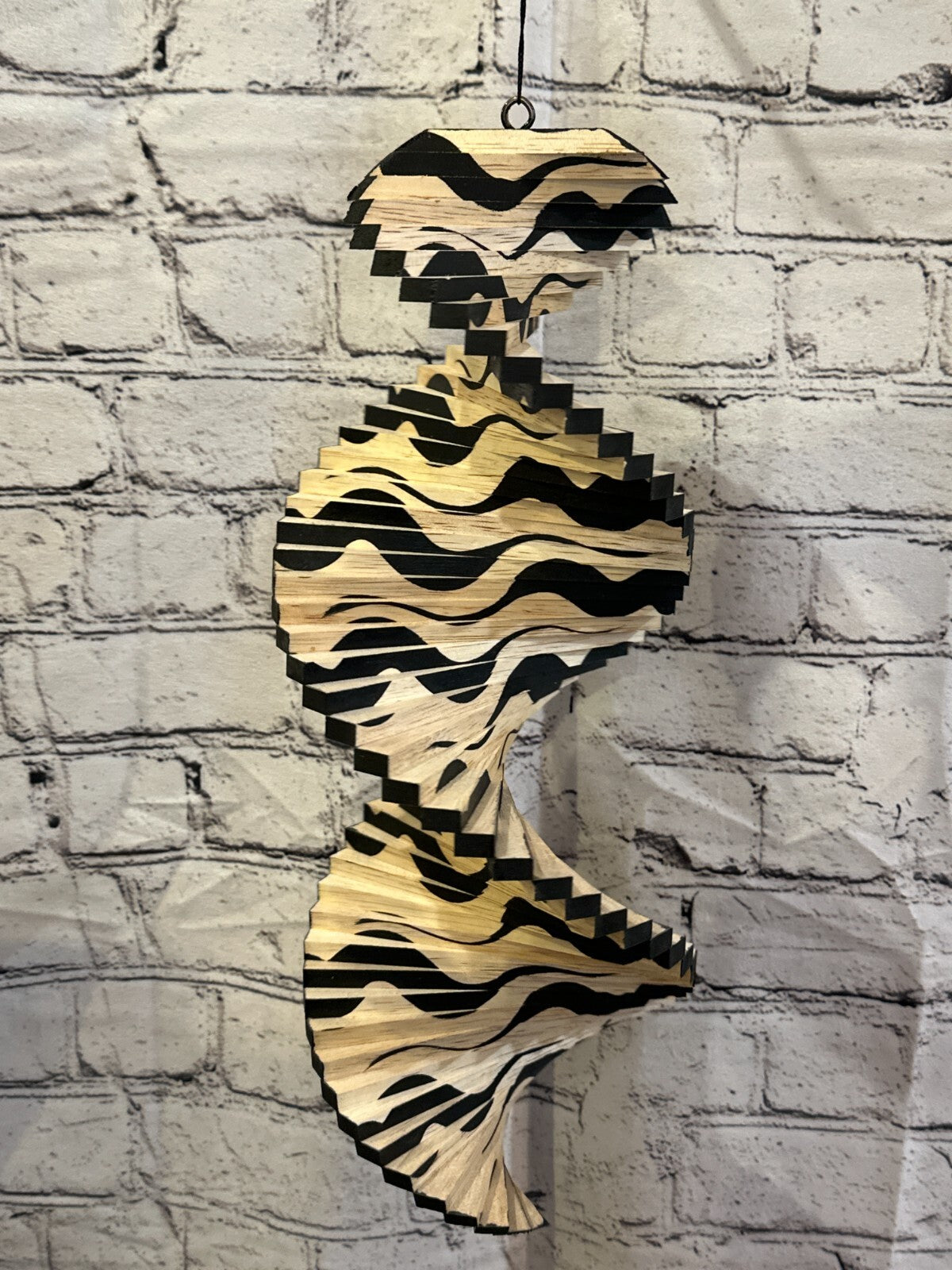 40cm Black Wave Pattern Wind Spinner Wooden Spiral Mobile Garden Ornament
