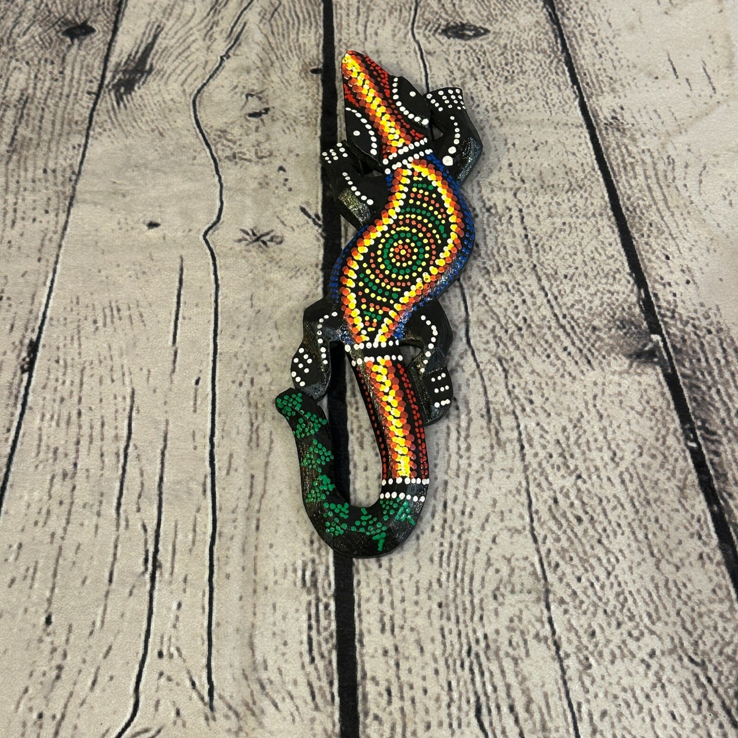 20cm Gecko Carved Wooden Dot Painted Ethnic Tribal Tiki Wall Handmade No 3