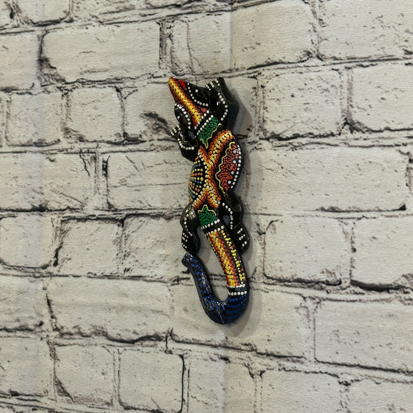 20cm Gecko Carved Wooden Dot Painted Ethnic Tribal Tiki Wall Handmade No 4