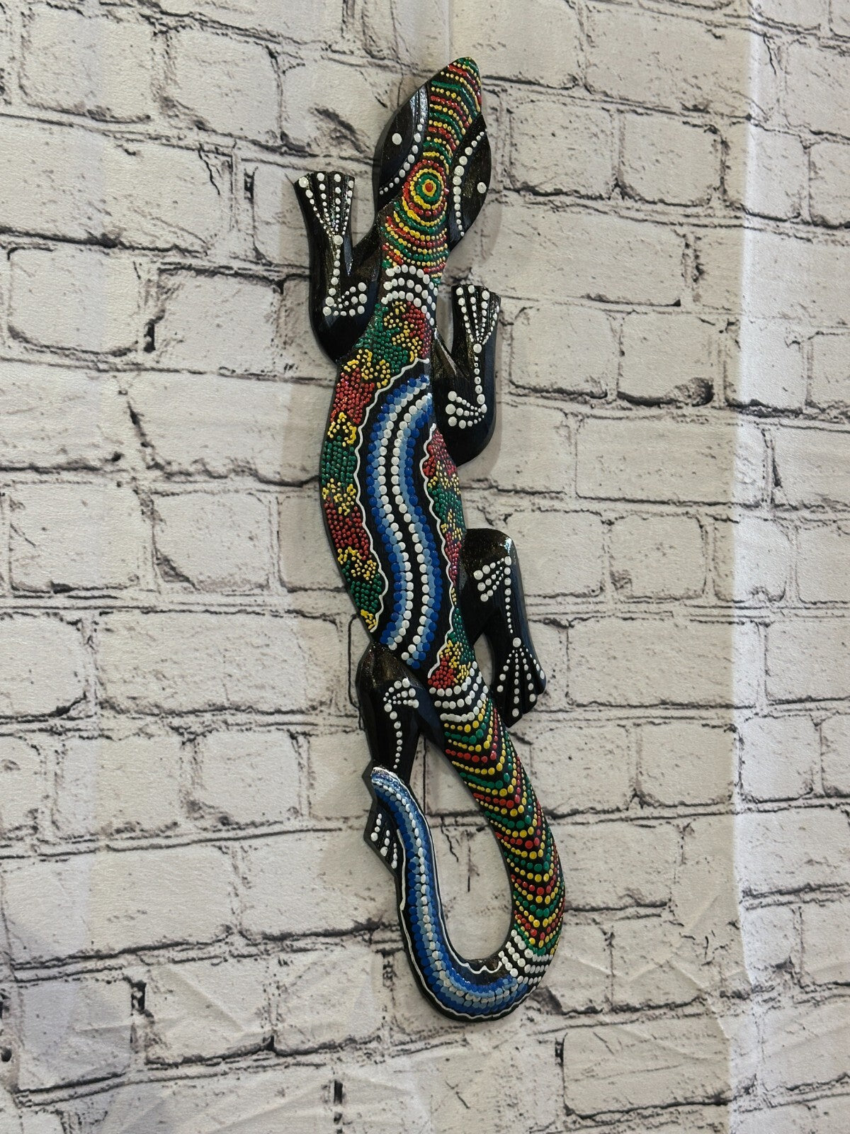 50cm Gecko Carved Wooden Dot Painted Ethnic Tribal Tiki Wall Handmade No 1