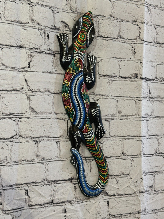 50cm Gecko Carved Wooden Dot Painted Ethnic Tribal Tiki Wall Handmade No 1
