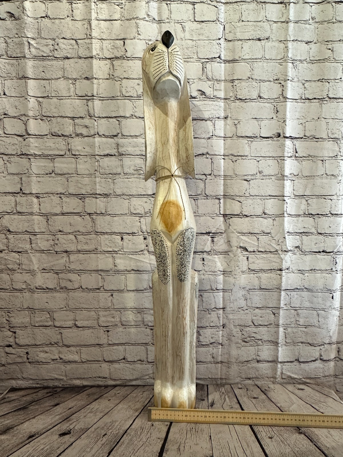 100cm White Flower Wooden Shabby Dog Statue Ornament Fair Trade Handcarved