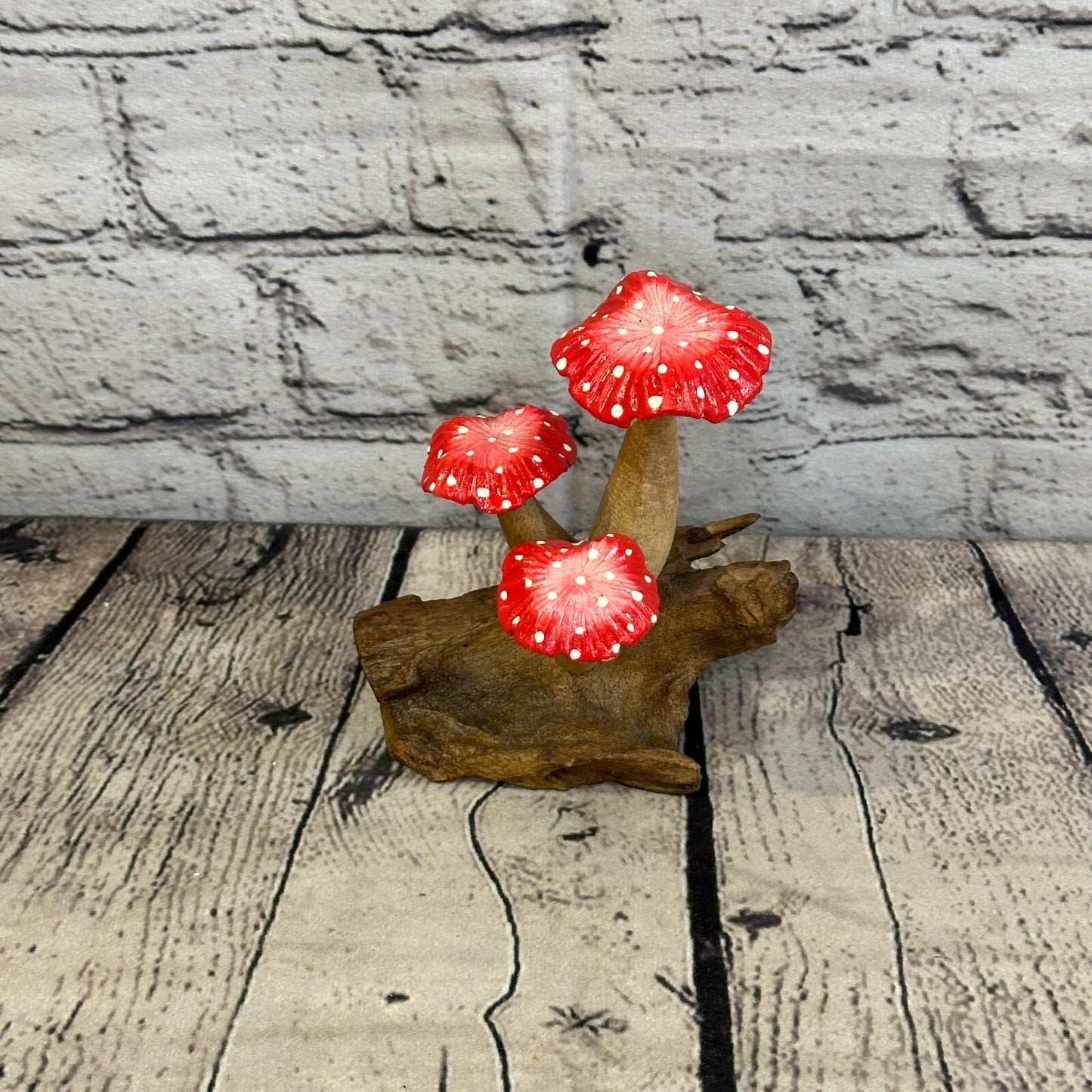 Red Painted Carved Mushrooms Parasite Ornament Natural Carving Fairtrade Wooden