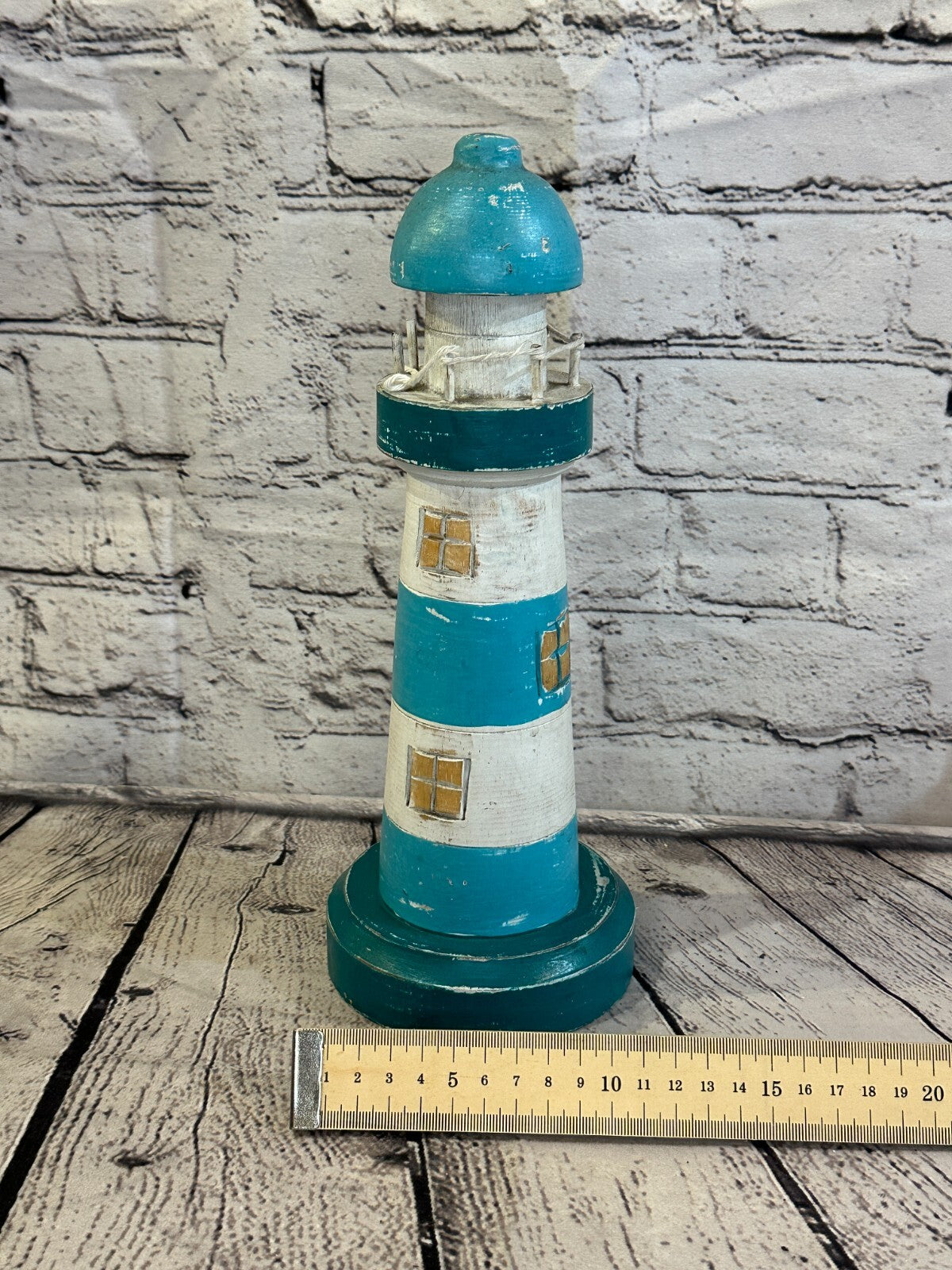 30cm Green White Wooden Lighthouse Ornament Nautical Coastal Sculpture Statue