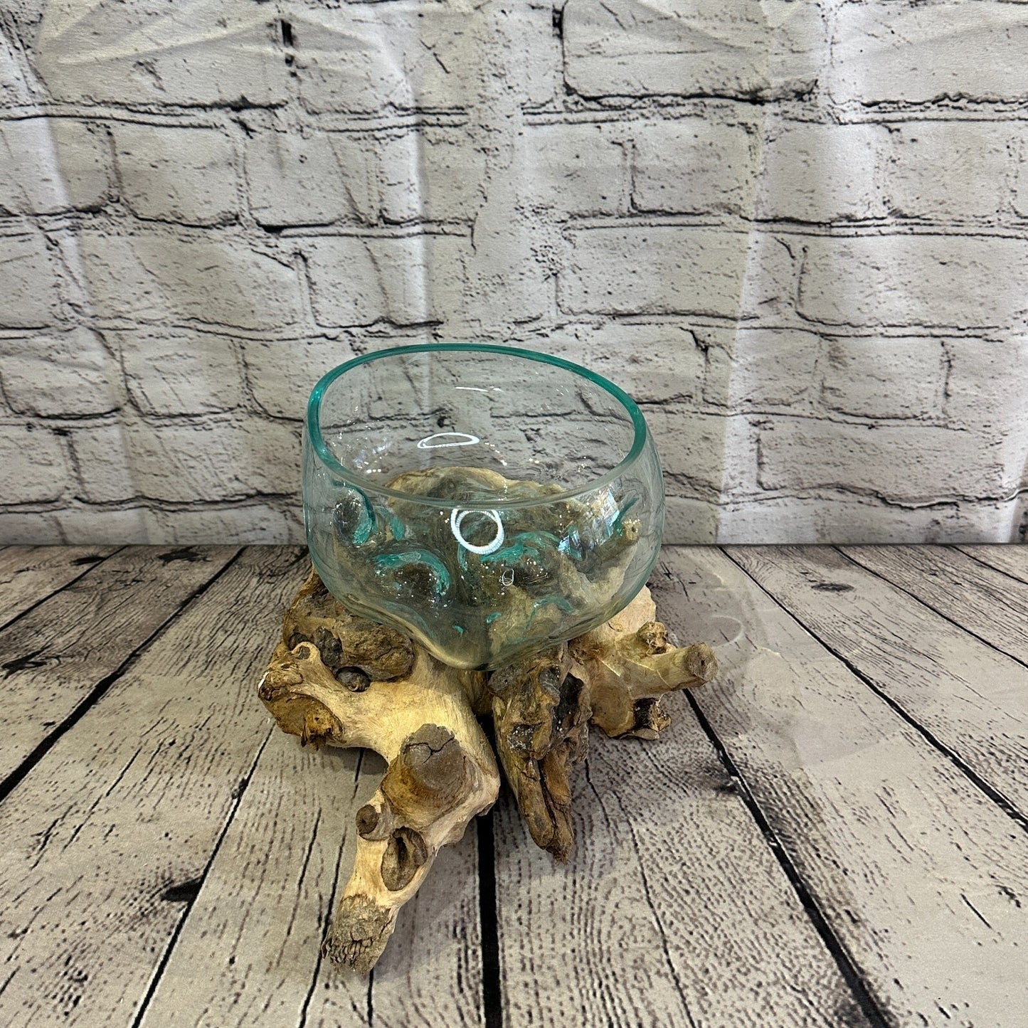 18cm x 25cm Molten Glass Round Bowl Natural Root Wood Base Stand Decor Ornament