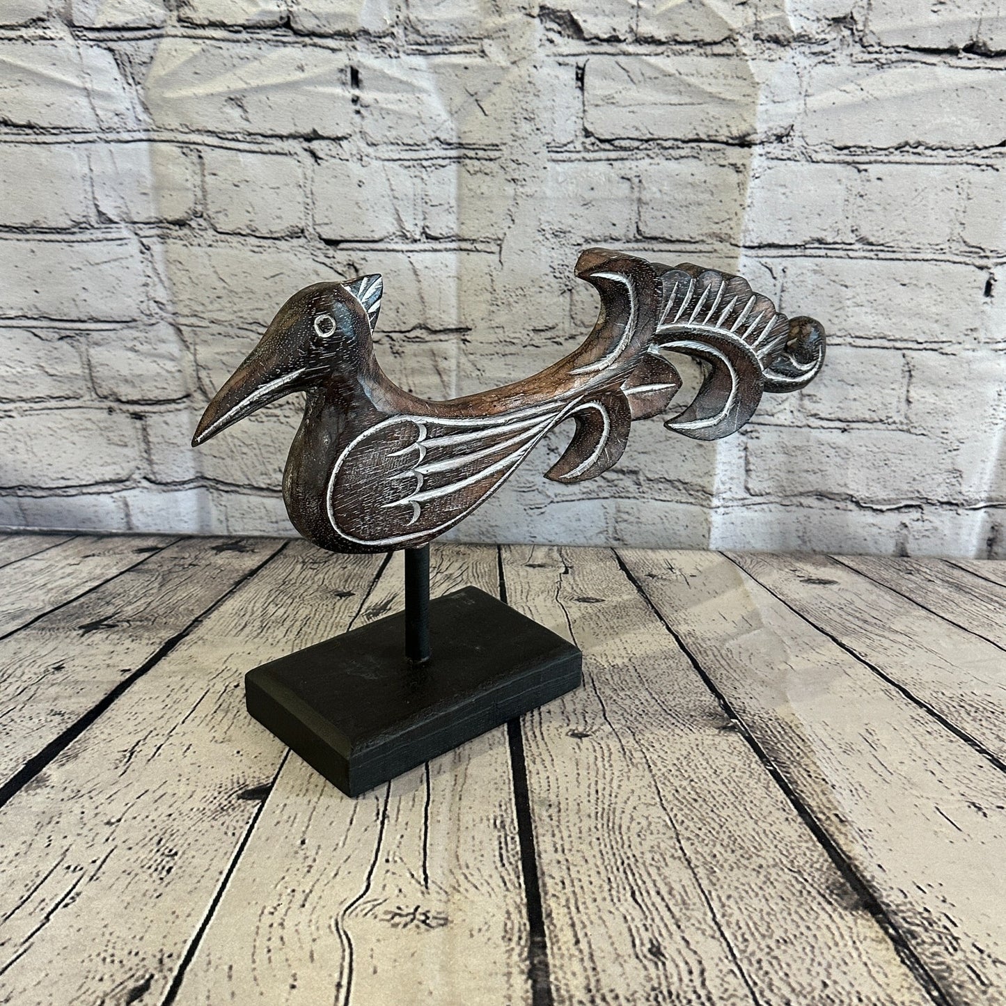 45cm x 25cm Wooden Tribal Primitive Black Phoenix Bird Stand Sculpture Statue