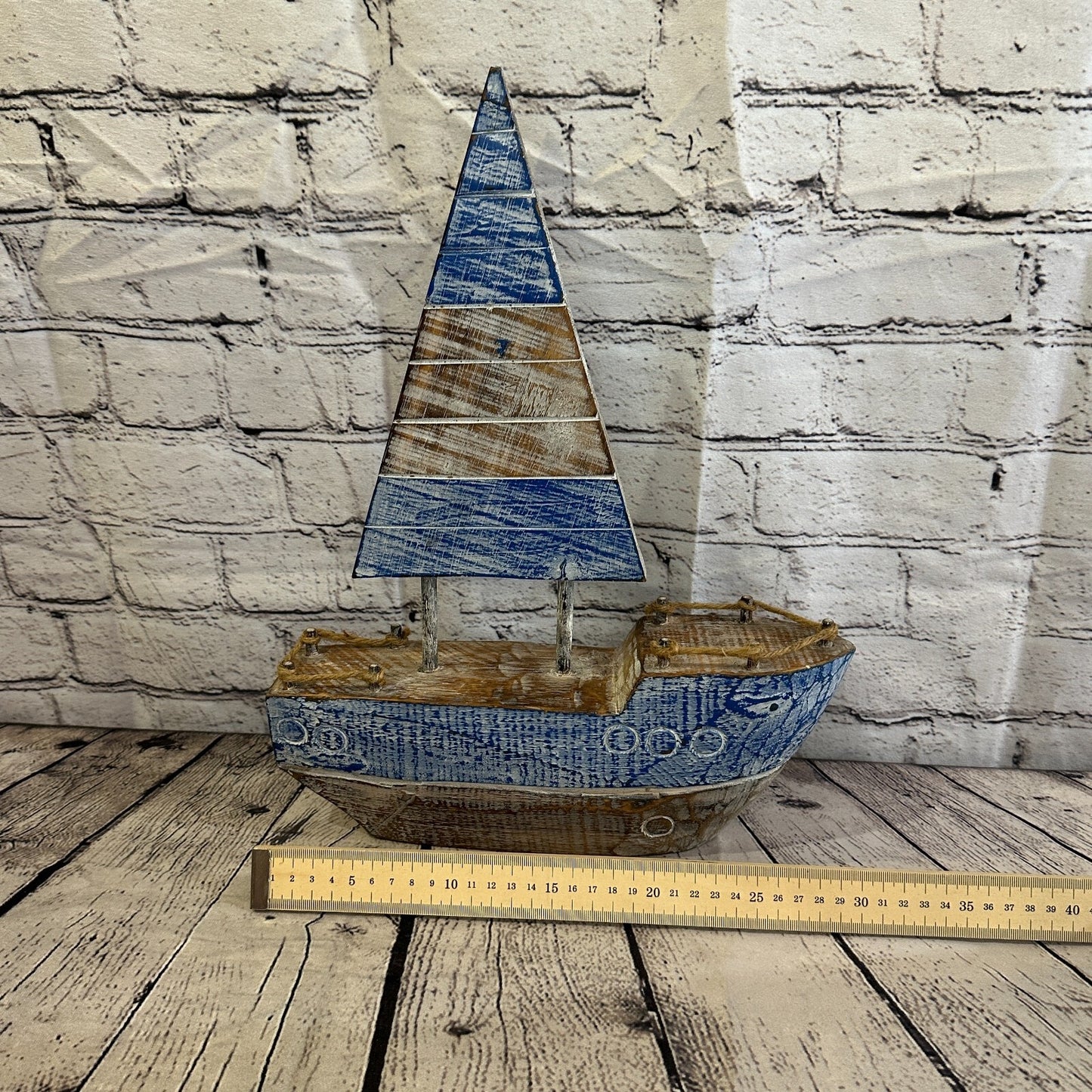 40cm Rustic Wooden Brown & Blue Sailing Boat Nautical Ornament Sculpture Decor