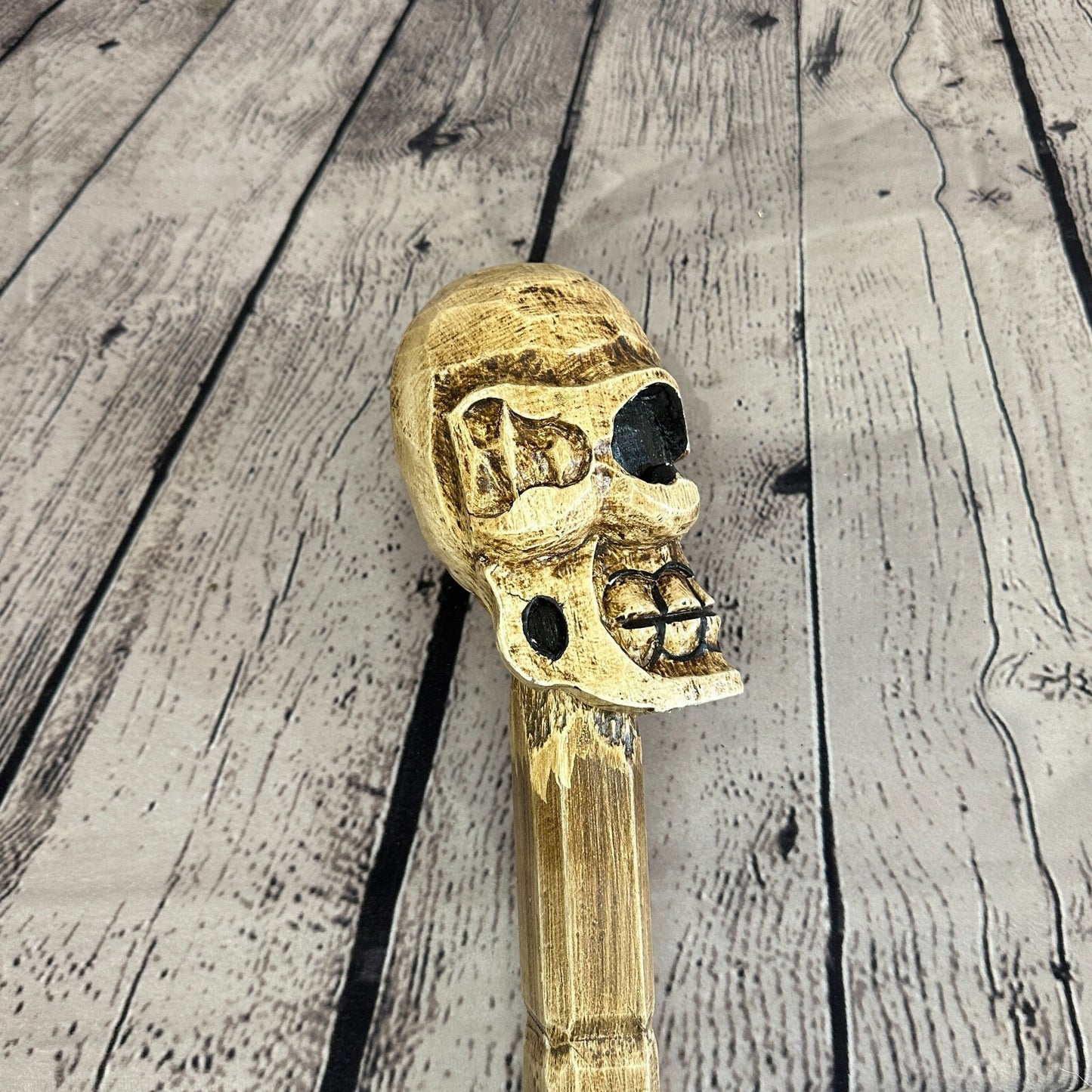 Skull Head Bald Plain 100cm Tribal Walking Stick Cane Hand Carved Light Wood