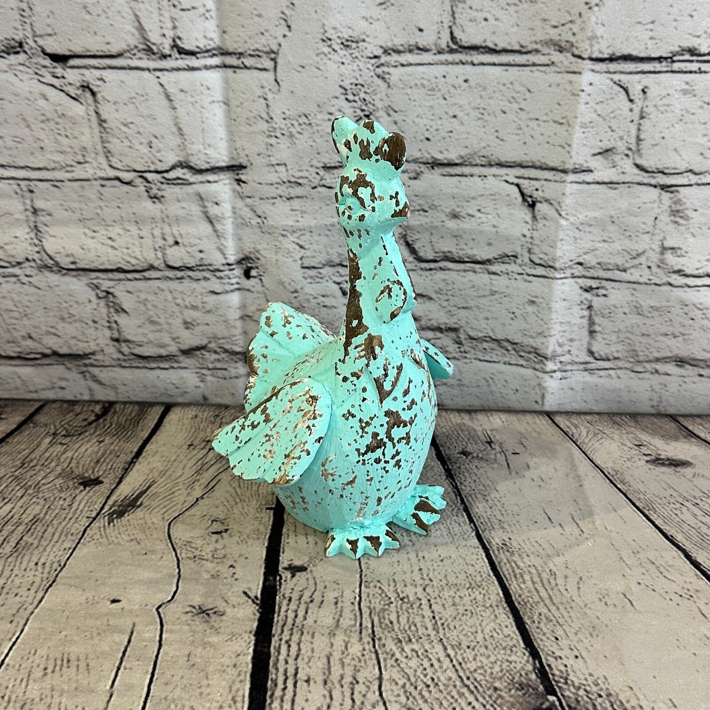 20cm x 10cm Green Shabby Wooden Rooster Cockerel Retro Collectable Hand Carved