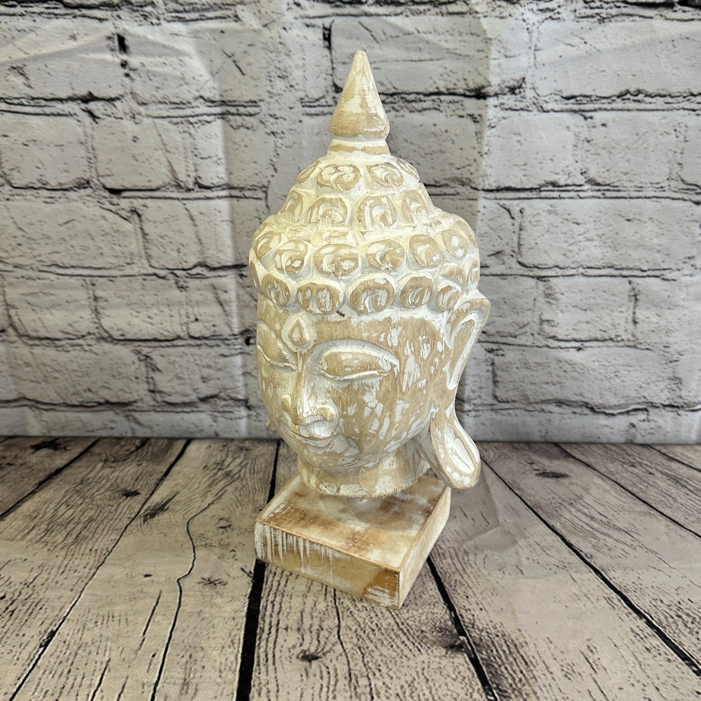 30cm White Buddha Head Wooden Standing Statue Figurine Ornament Fair Trade