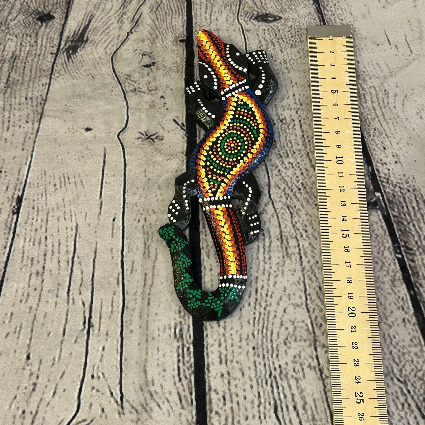 20cm Gecko Carved Wooden Dot Painted Ethnic Tribal Tiki Wall Handmade No 3