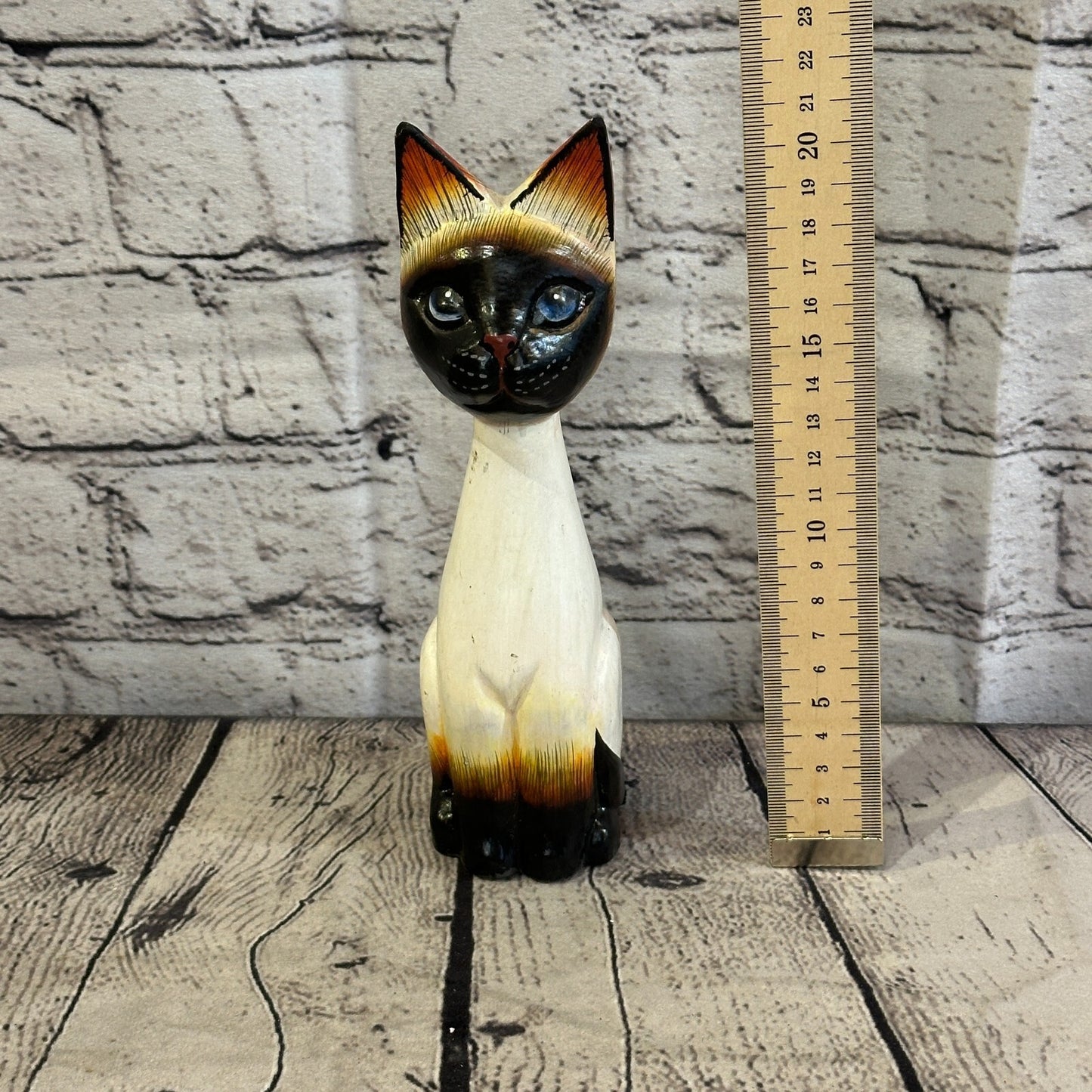 20cm x 7cm Siamese Sitting Bobble Style Painted Wooden Hand Carved Cat Wooden