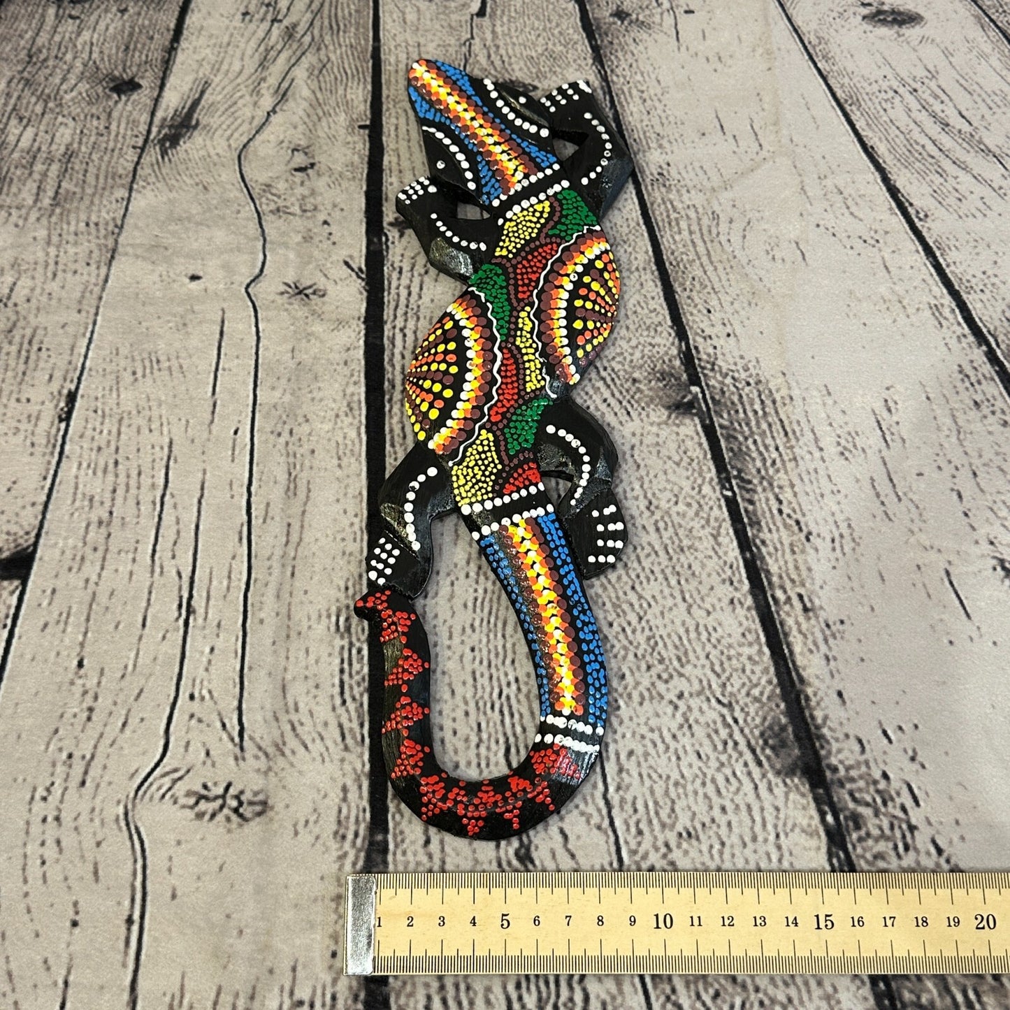 30cm Gecko Carved Wooden Dot Painted Ethnic Tribal Tiki Wall Handmade No 2