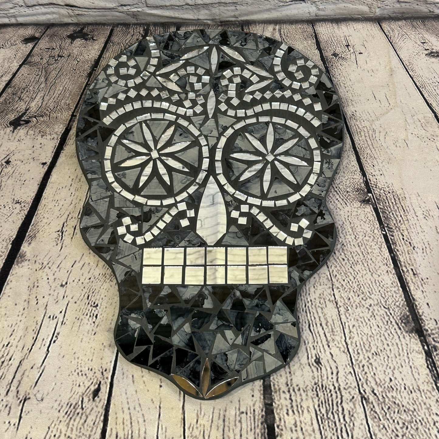 Black Grey Skull Mosaic Tile Wall Mirror 40cm x 28cm 16 Inches Handmade New