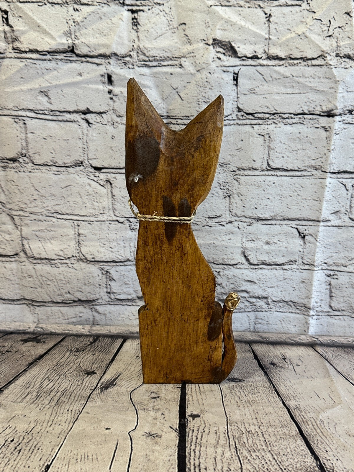 30cm Brown Swirl Flower Wooden Shabby Cat Statue Ornament Fair Trade Handcarved