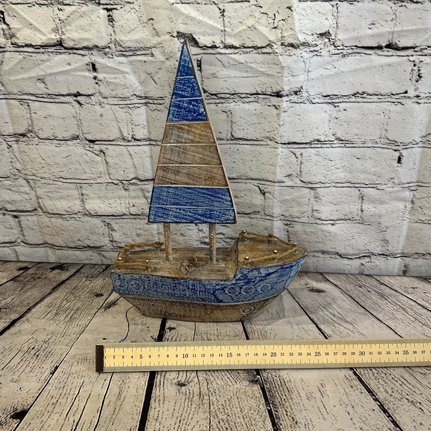 35cm Rustic Wooden Brown & Blue Sailing Boat Nautical Ornament Sculpture Decor