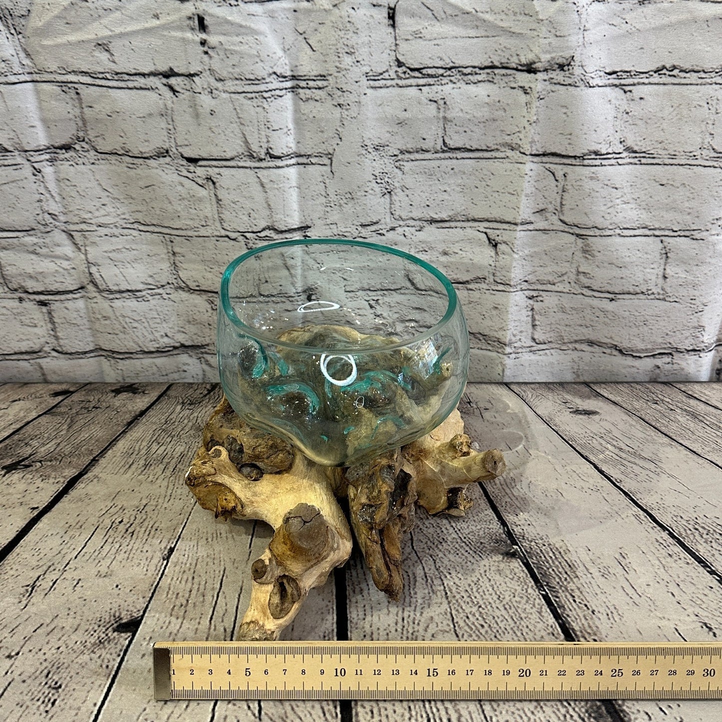 18cm x 25cm Molten Glass Round Bowl Natural Root Wood Base Stand Decor Ornament