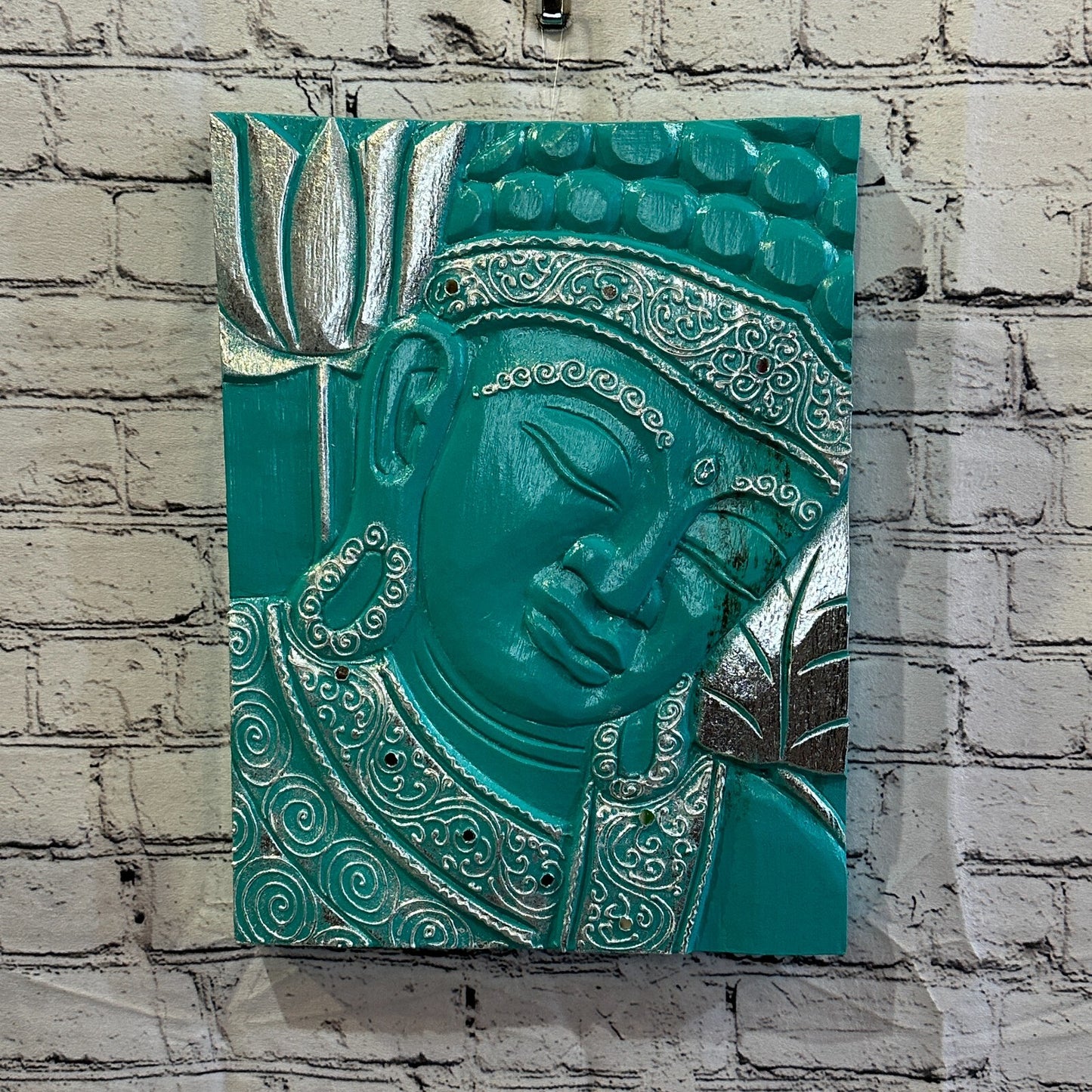 Wooden Wood Panel 40cm Brown Teal Buddha Tall Lotus Wall Art Plaque Handcarved