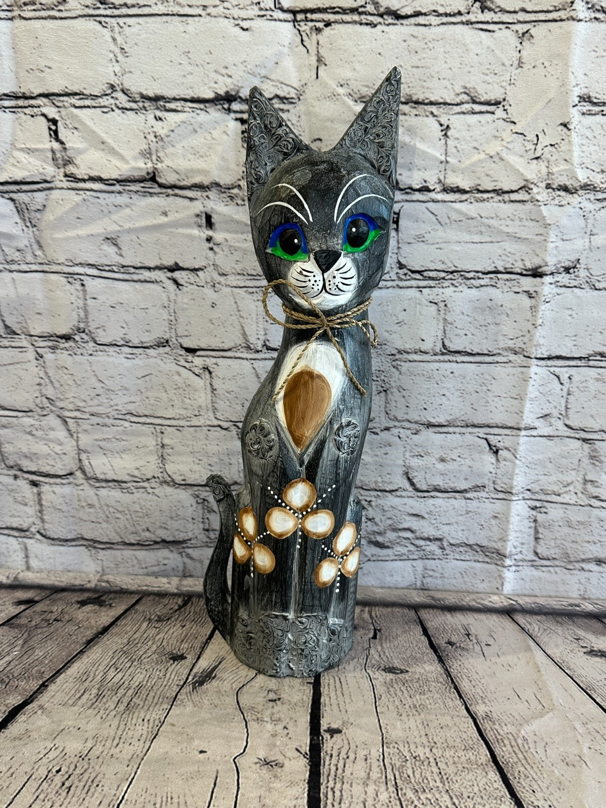 40cm Grey Swirl Flower Wooden Shabby Cat Statue Ornament Fair Trade Handcarved