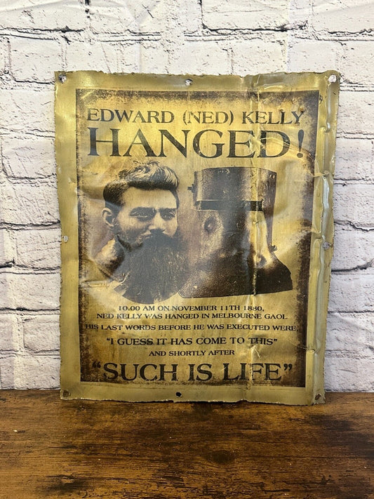 Ned Kelly Hanged Newspaper Wall Plaque 42cm x 36cm Vintage Retro Tin Sign