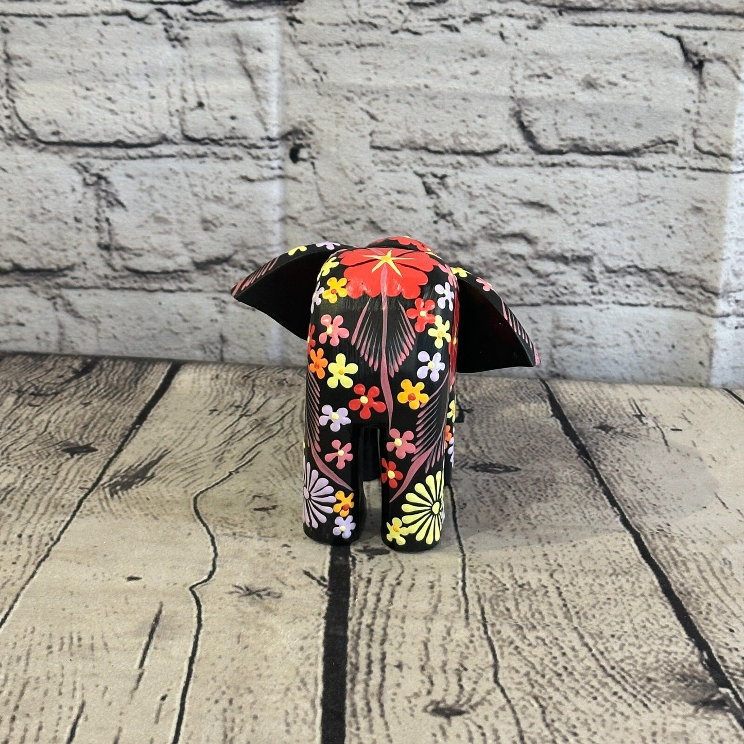 Black Wooden Elephant With Flower Pattern 10cm x 12cm Handmade and Fairtrade