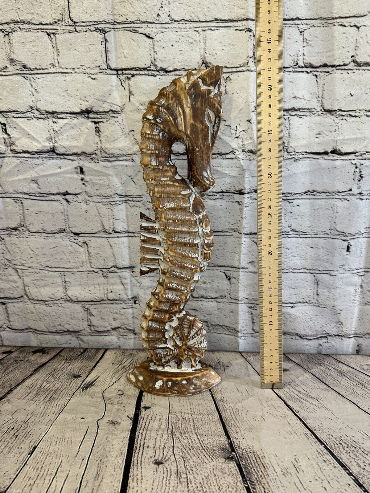 40cm Brown Plain Wooden Shabby Seahorse Statue Ornament Fair Trade Handcarved