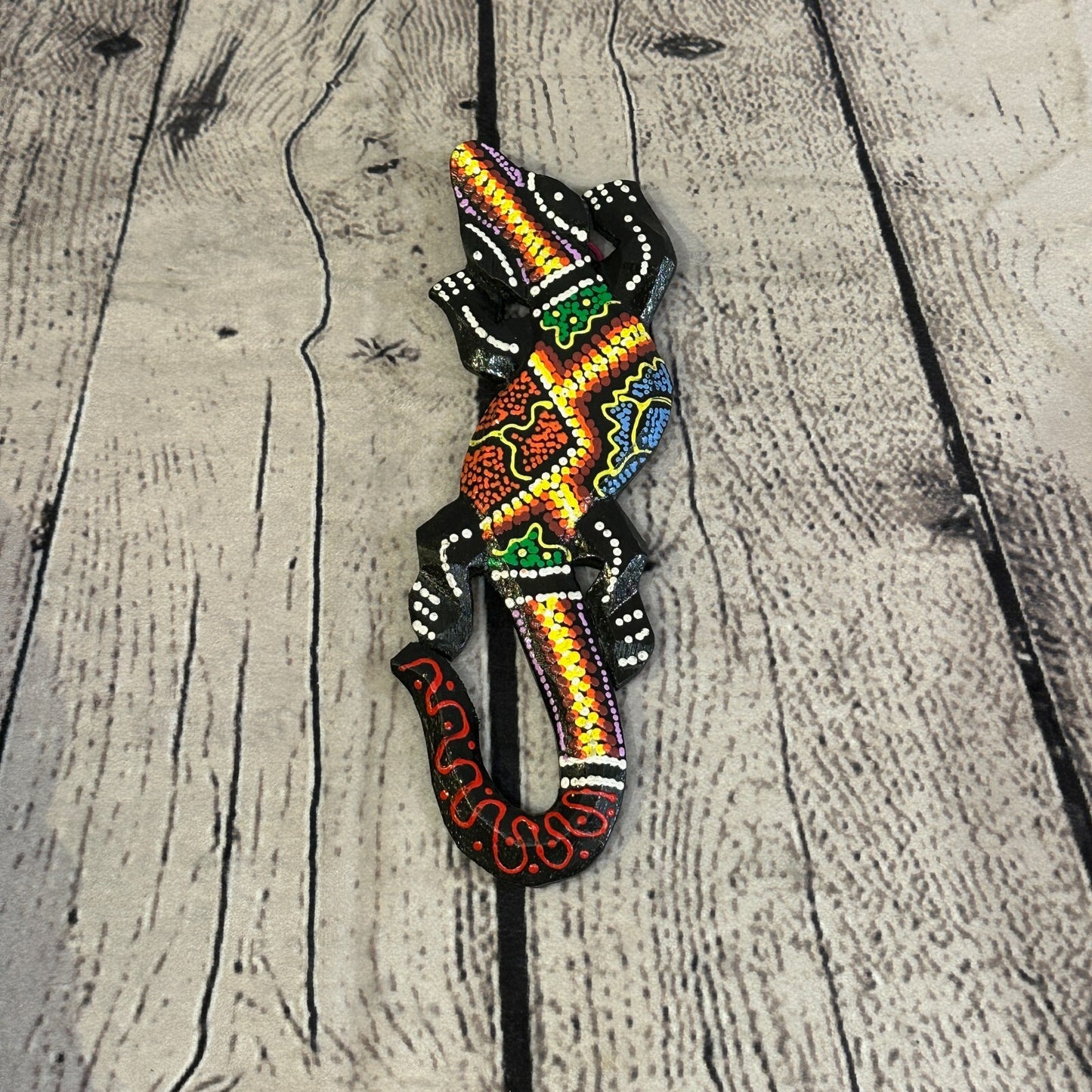 20cm Gecko Carved Wooden Dot Painted Ethnic Tribal Tiki Wall Handmade No 12