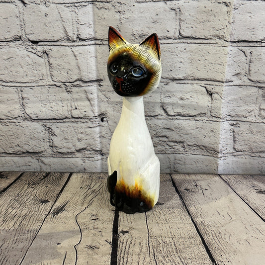 25cm x 7cm Siamese Sitting Bobble Style Painted Wooden Hand Carved Cat Wooden
