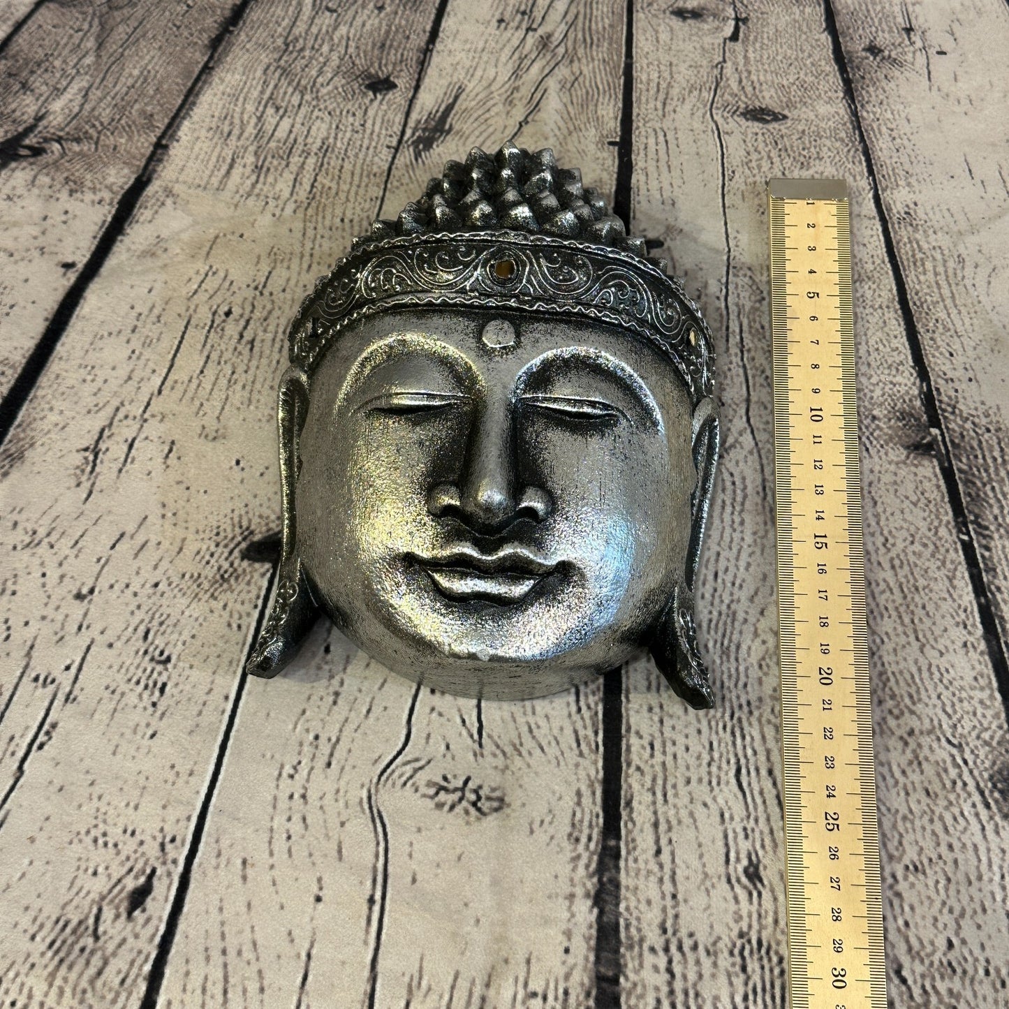 20cm Silver Buddha Head Mask Wooden Hanging Statue Figurine Ornament Fair Trade
