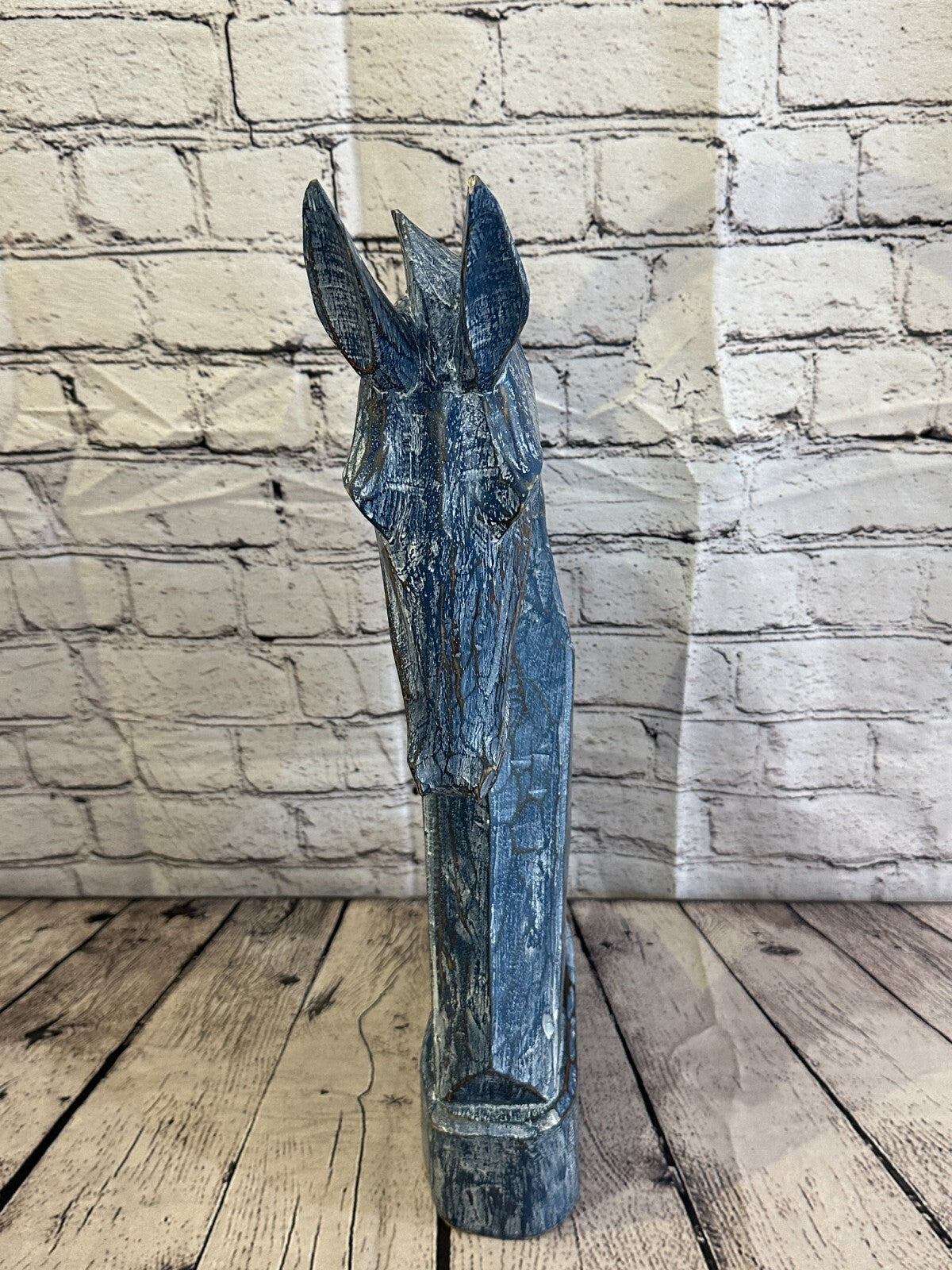 Blue Wooden 50cm x 25cm Horse Head Bust Hand Carved Wood Sculpture